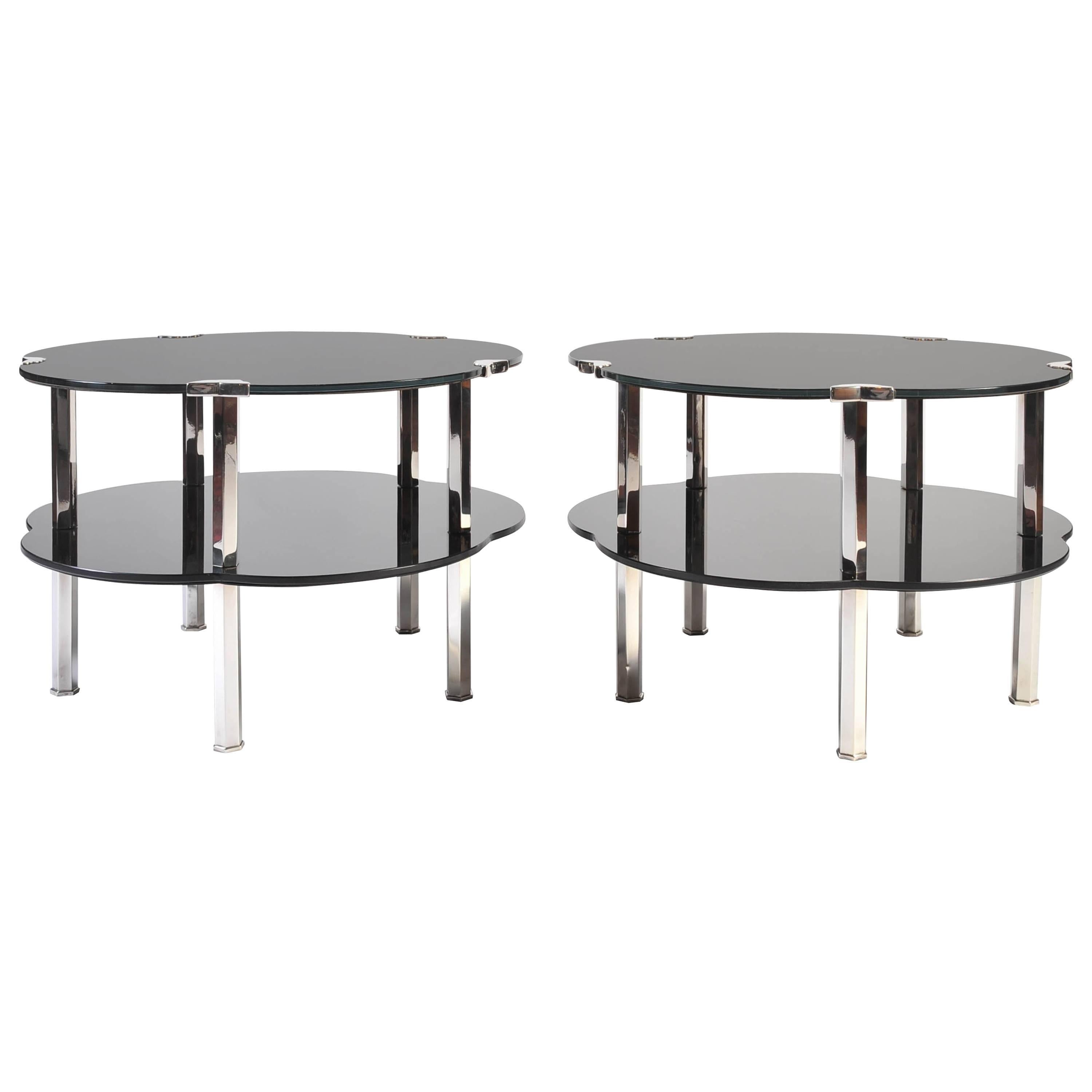 Pair of Black Glass and Silver 1930s French Japonaise "Cloud" Tables For Sale