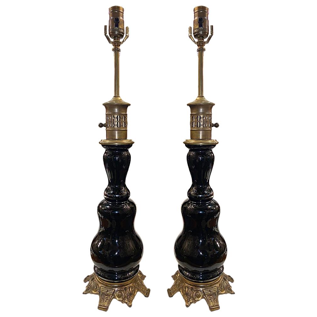 20th Century Pair of Black Glass Lamps
