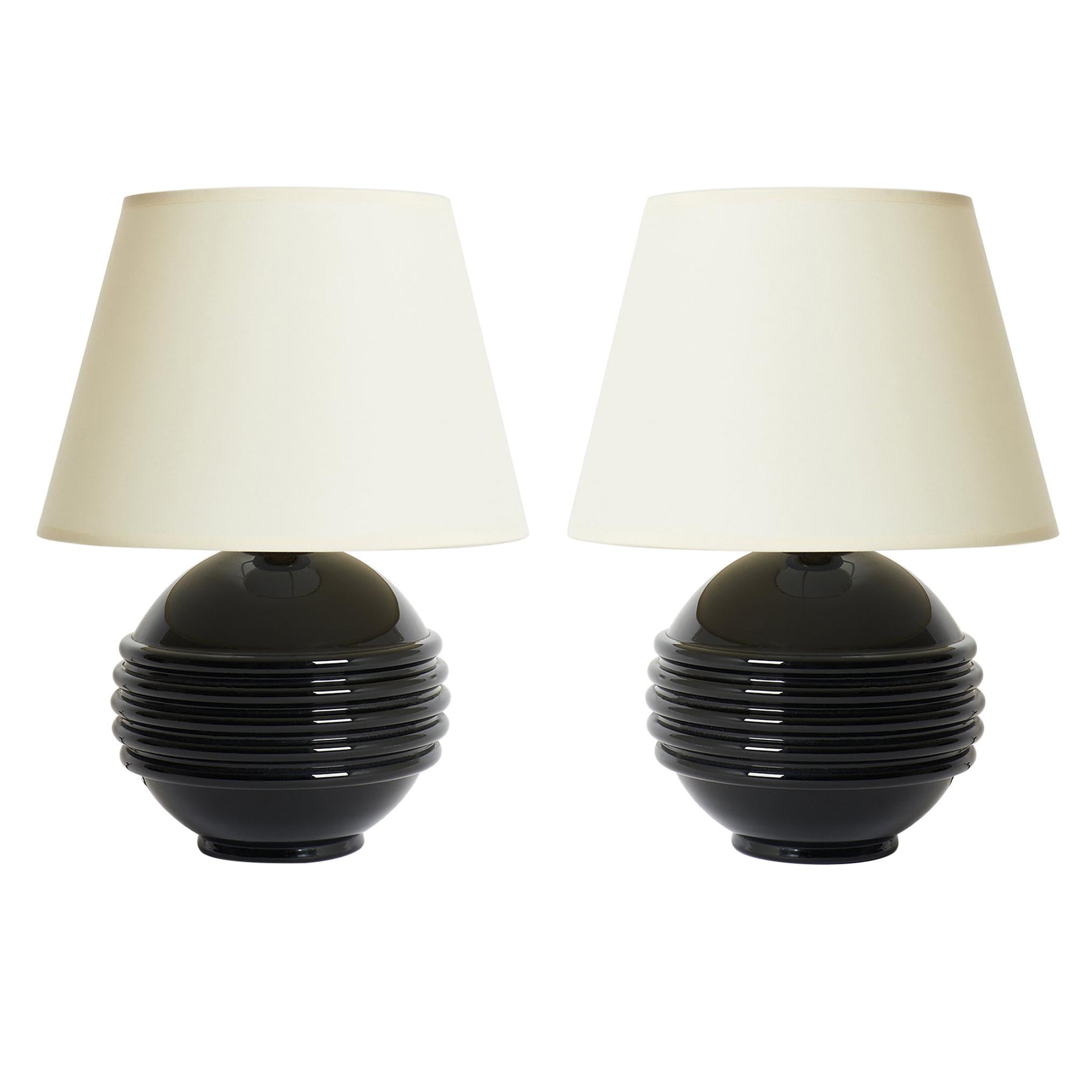 Pair of Black Glass Table Lamps by Jacques Adnet