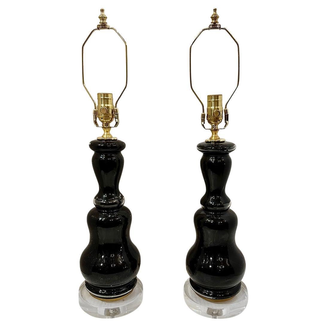 Paire de lampes de table en verre noir en vente
