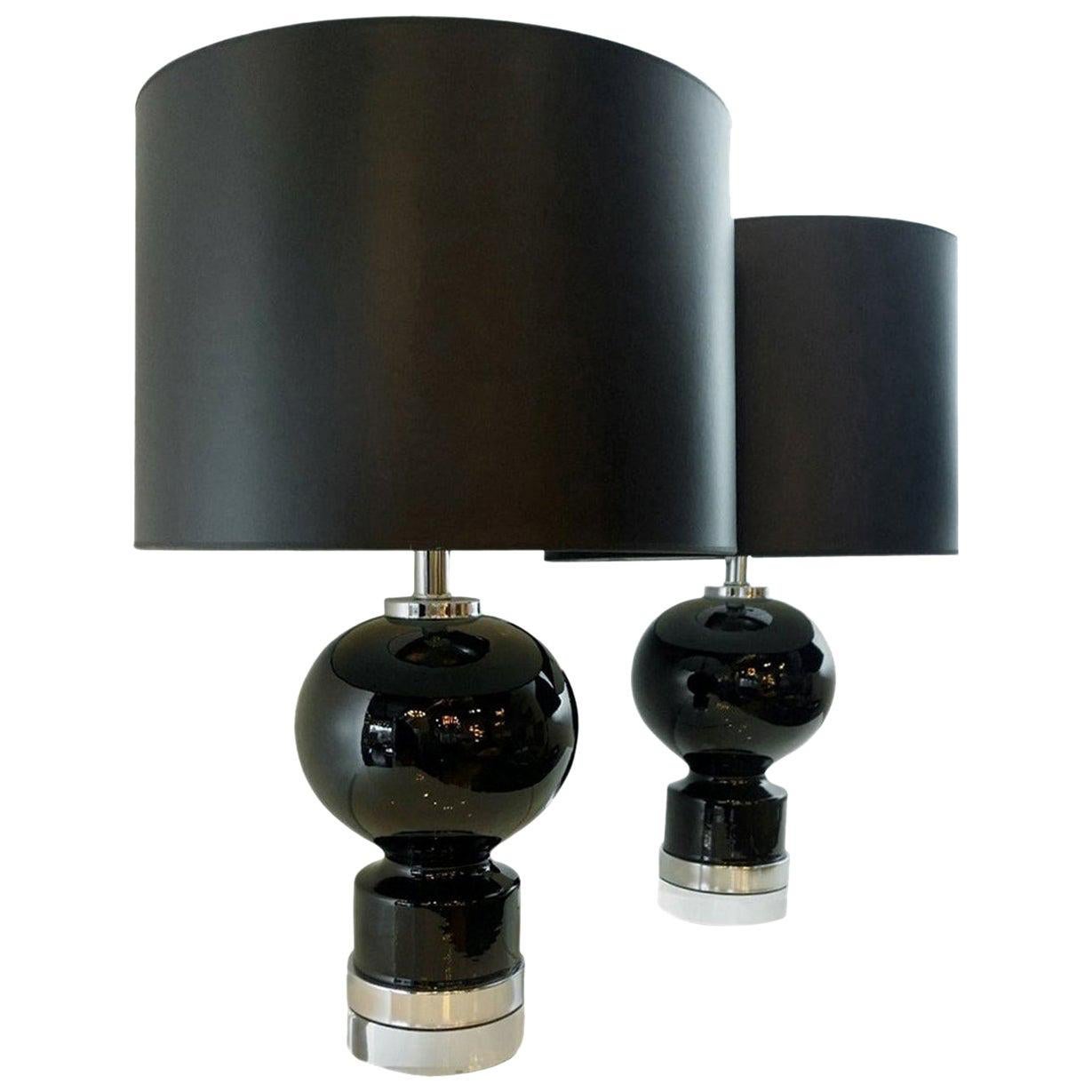 Pair of Black Glazed Ceramic Table Lamps with Chrome Plate and Lucite Bases For Sale