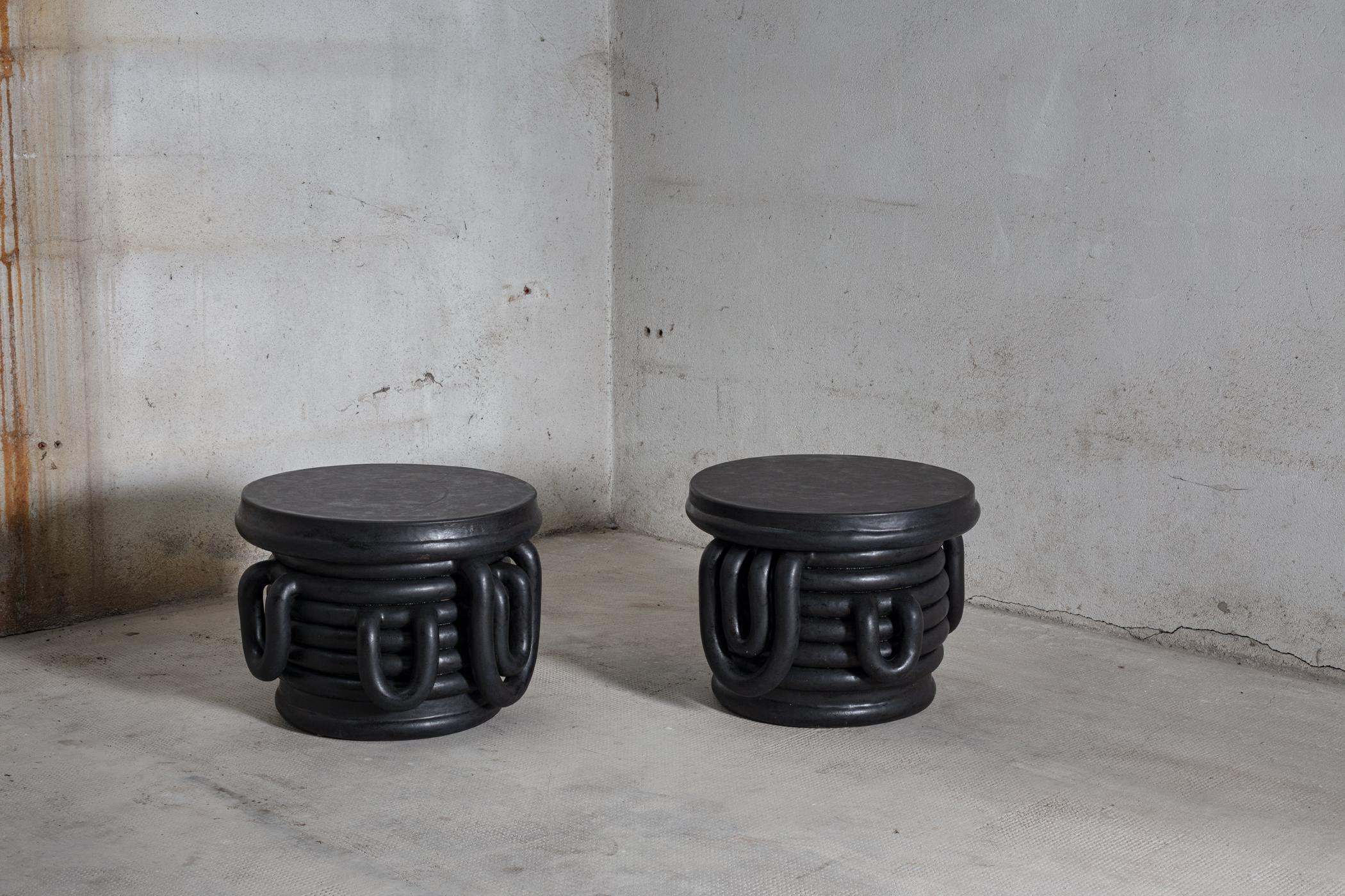 Pair of black glazed stoneware bedside tables by Clémentine Dupré.
Artist signature under the base. 2021- 2022.
Each piece is in two parts.
H : 34 x 45 cm / 13’4 x 17'7 inches.