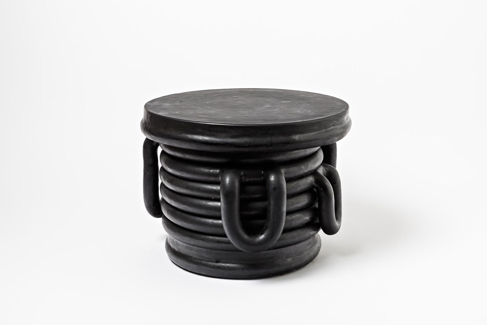 Contemporary Pair of Black Glazed Stoneware Bedside Tables by Clémentine Dupré, 2021 For Sale