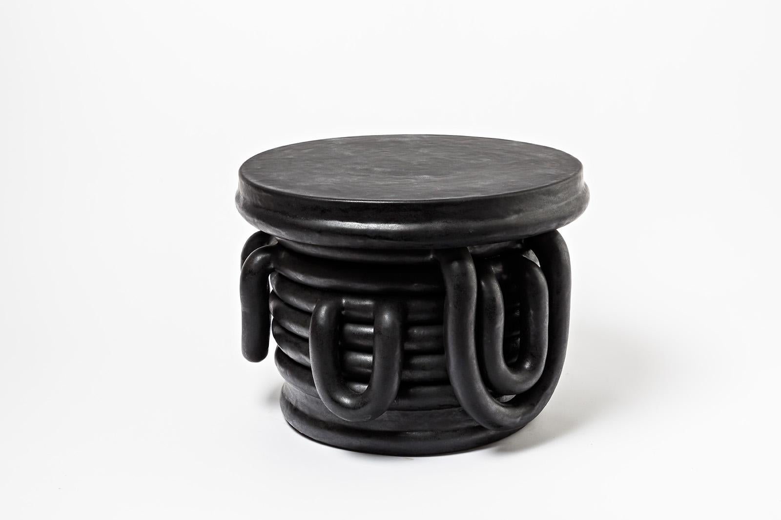 Pair of Black Glazed Stoneware Bedside Tables by Clémentine Dupré, 2021 For Sale 1
