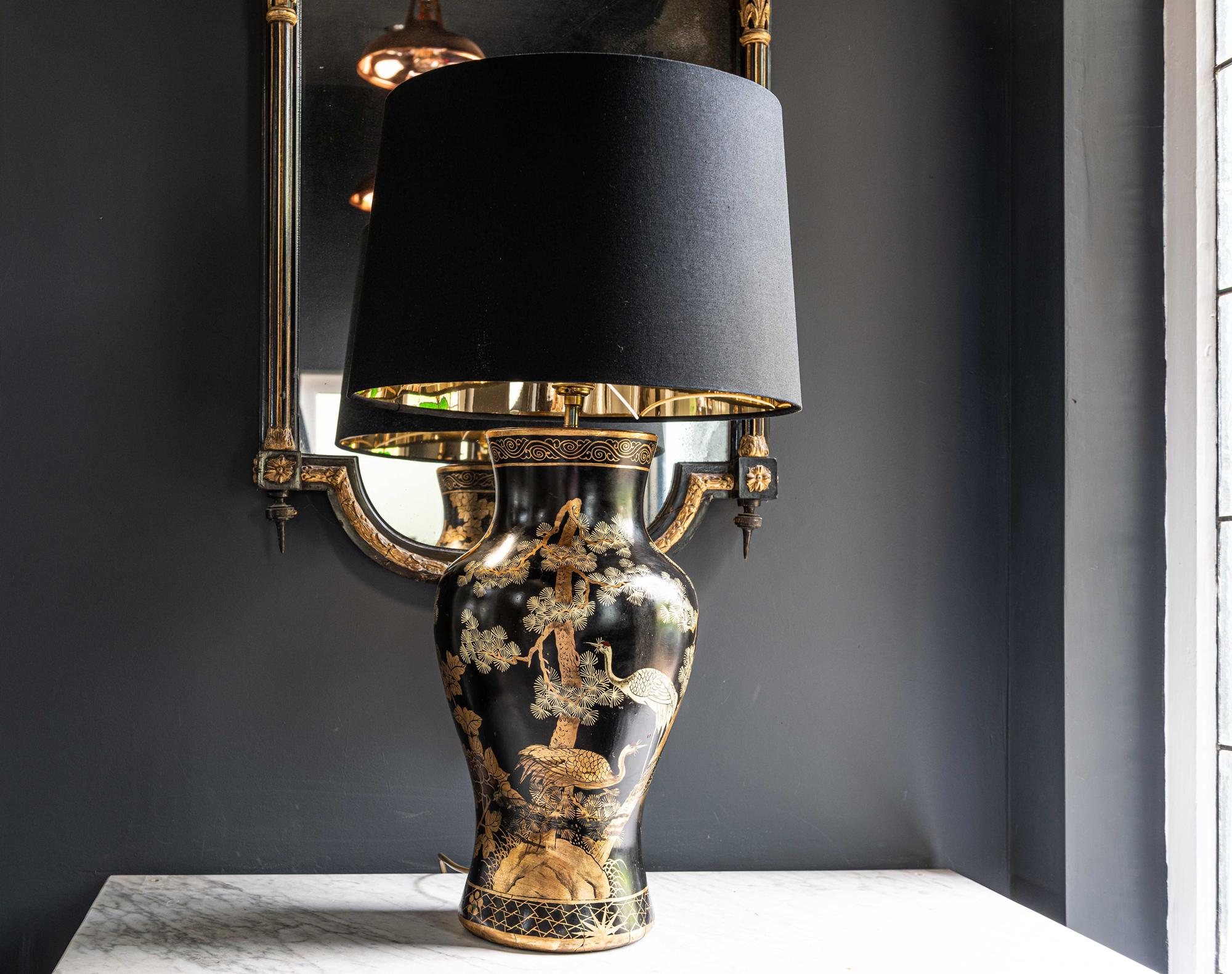 Hand-Painted Pair of Black and Gold Chinoiserie Papier Mâché Shaped Table Lamps, circa 1950