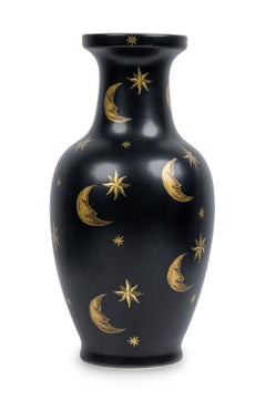 Pair of Black Hand-Painted Gold Star and Moon Vases
