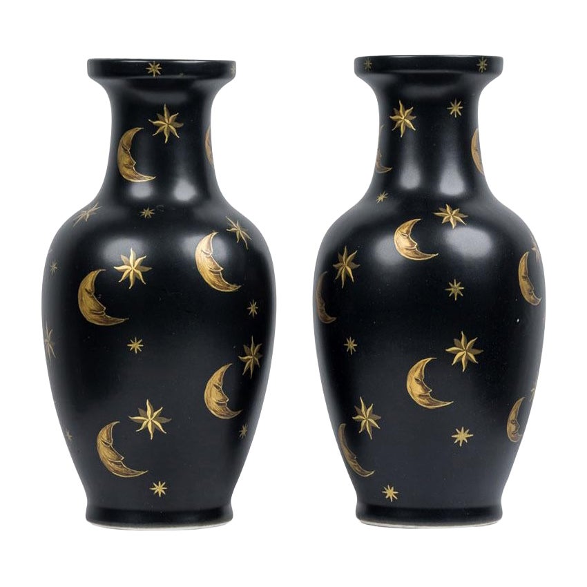 Pair of Black Hand-Painted Gold Star and Moon Vases For Sale