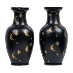 Pair of Black Hand-Painted Gold Star and Moon Vases