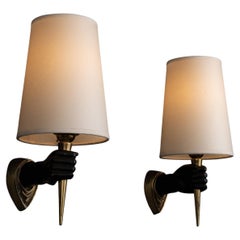 Pair of Black Hand Wall Lights in the style of Andre Arbus, France circa 1960