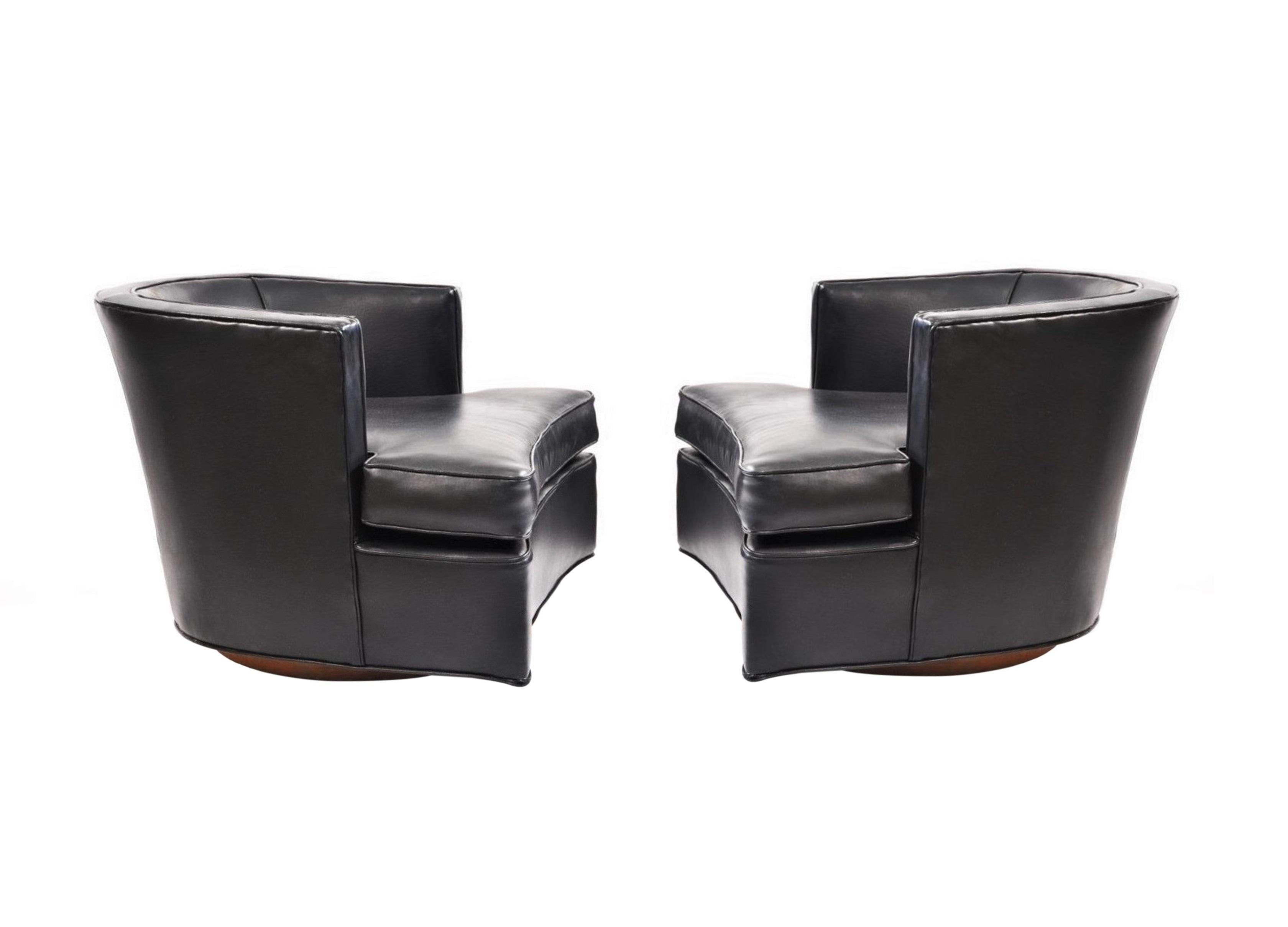 American Pair of Black Leather Harvey Probber Swivel Lounge Chairs For Sale