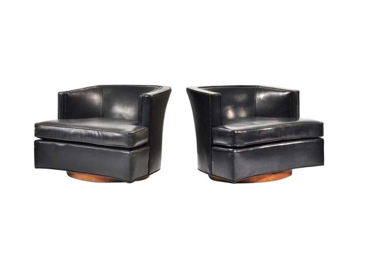 Pair of Black Leather Harvey Probber Swivel Lounge Chairs In Excellent Condition For Sale In Dallas, TX