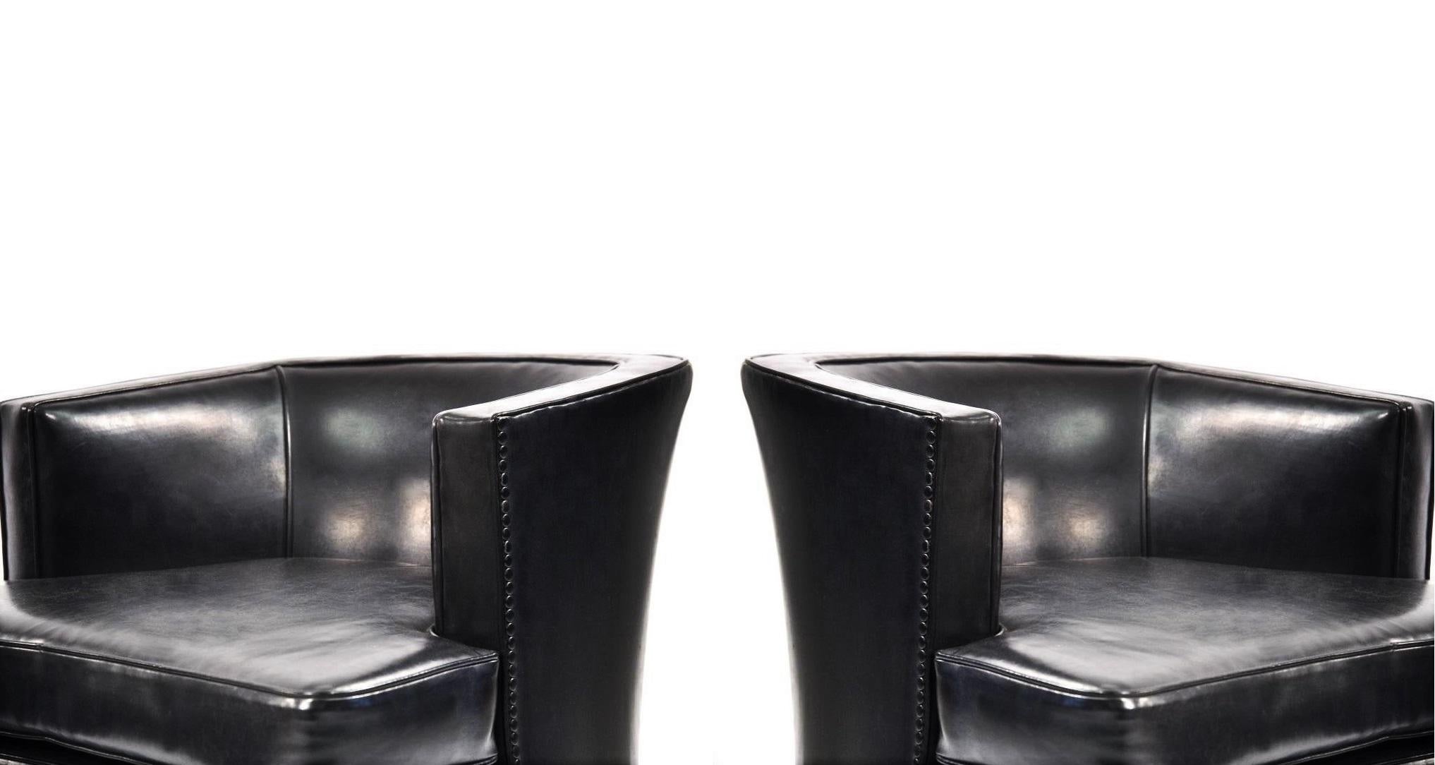 Mid-20th Century Pair of Black Leather Harvey Probber Swivel Lounge Chairs For Sale