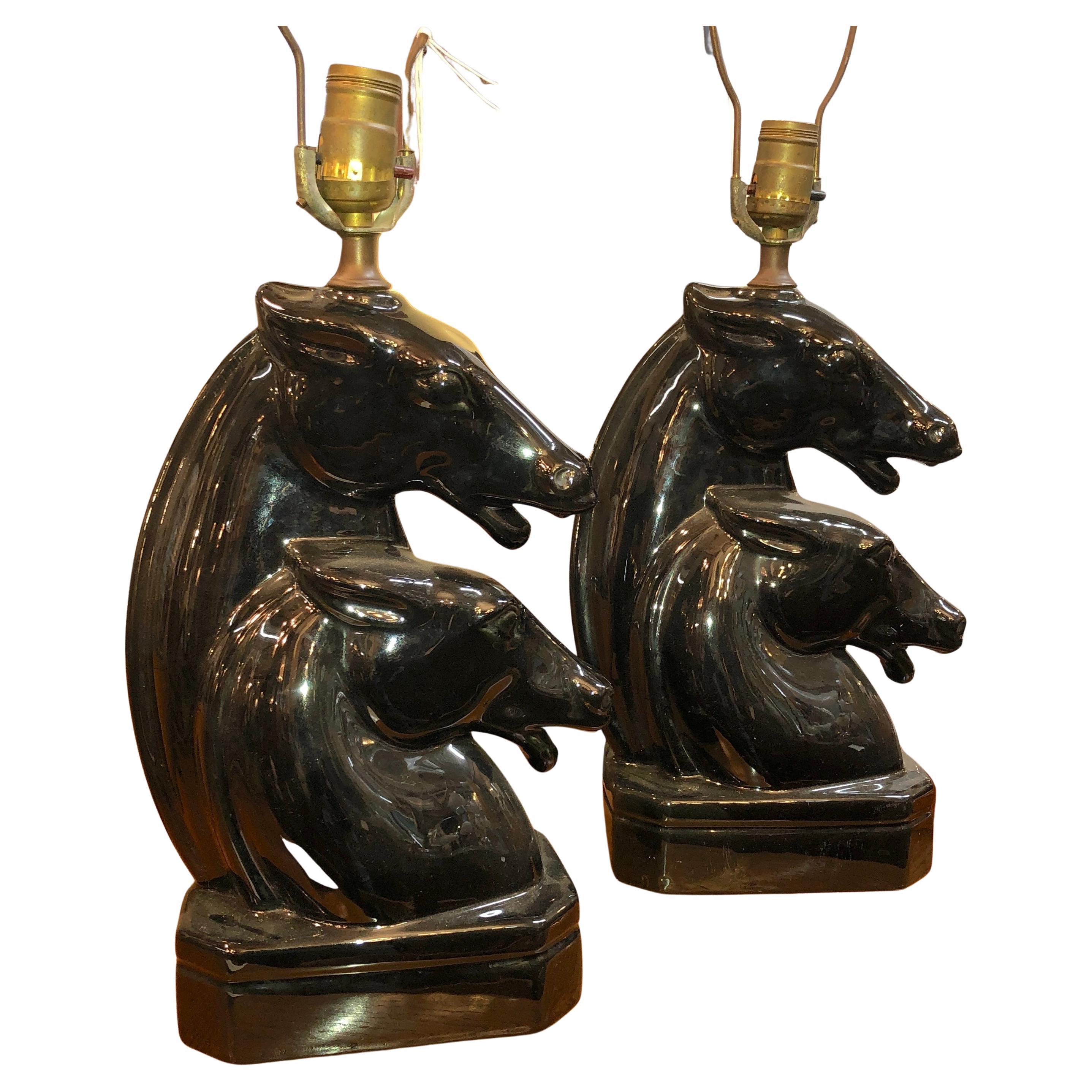 Pair of Black Horse Glazed Lamps