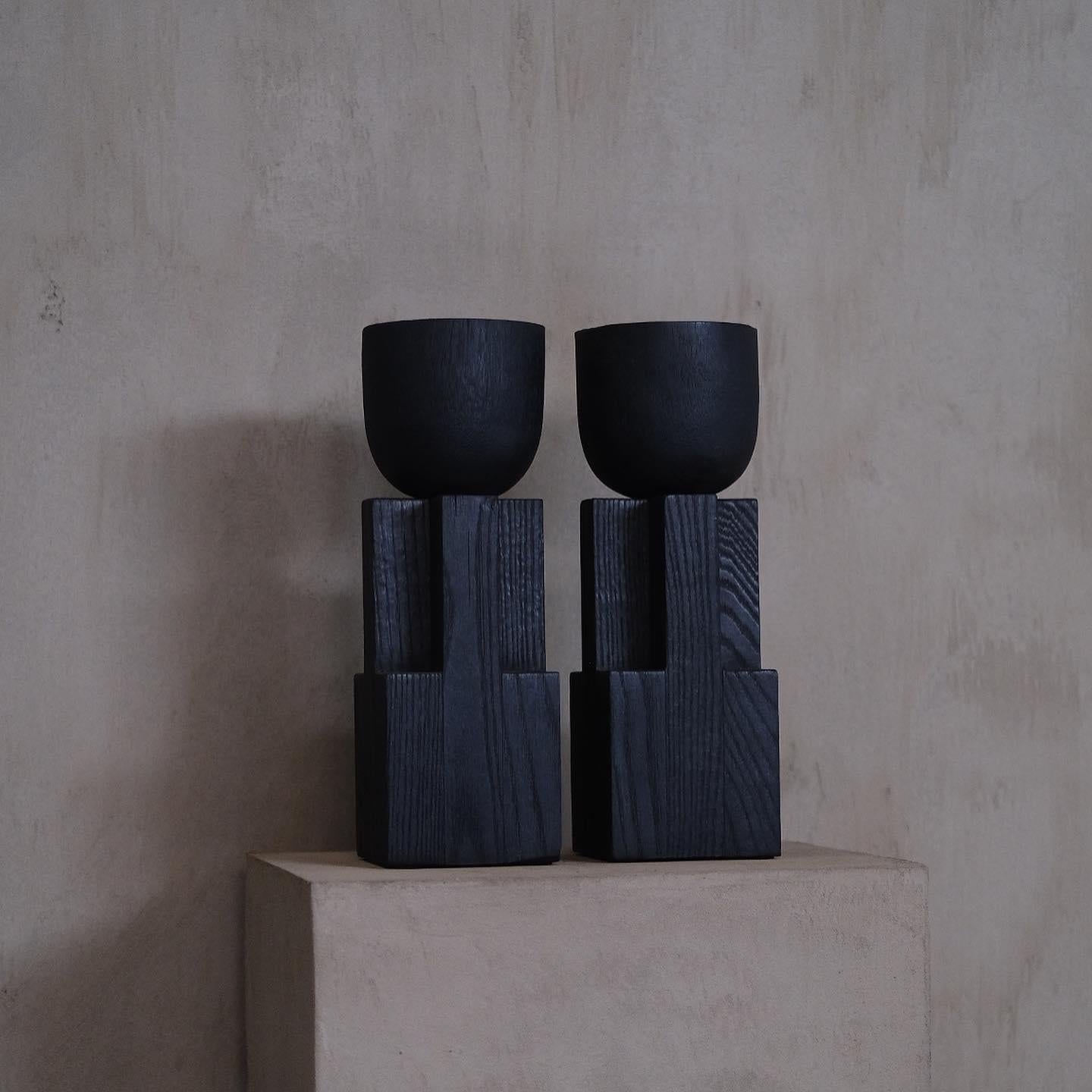 Pair of Black Iroko Wood Goblet Bowl, Signed Arno Declercq For Sale 4