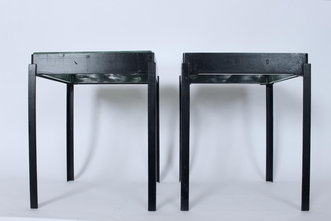 Mid-Century Modern Pair of Ice Block Glass & Black Iron Occasional Tables, Coffee Tables For Sale