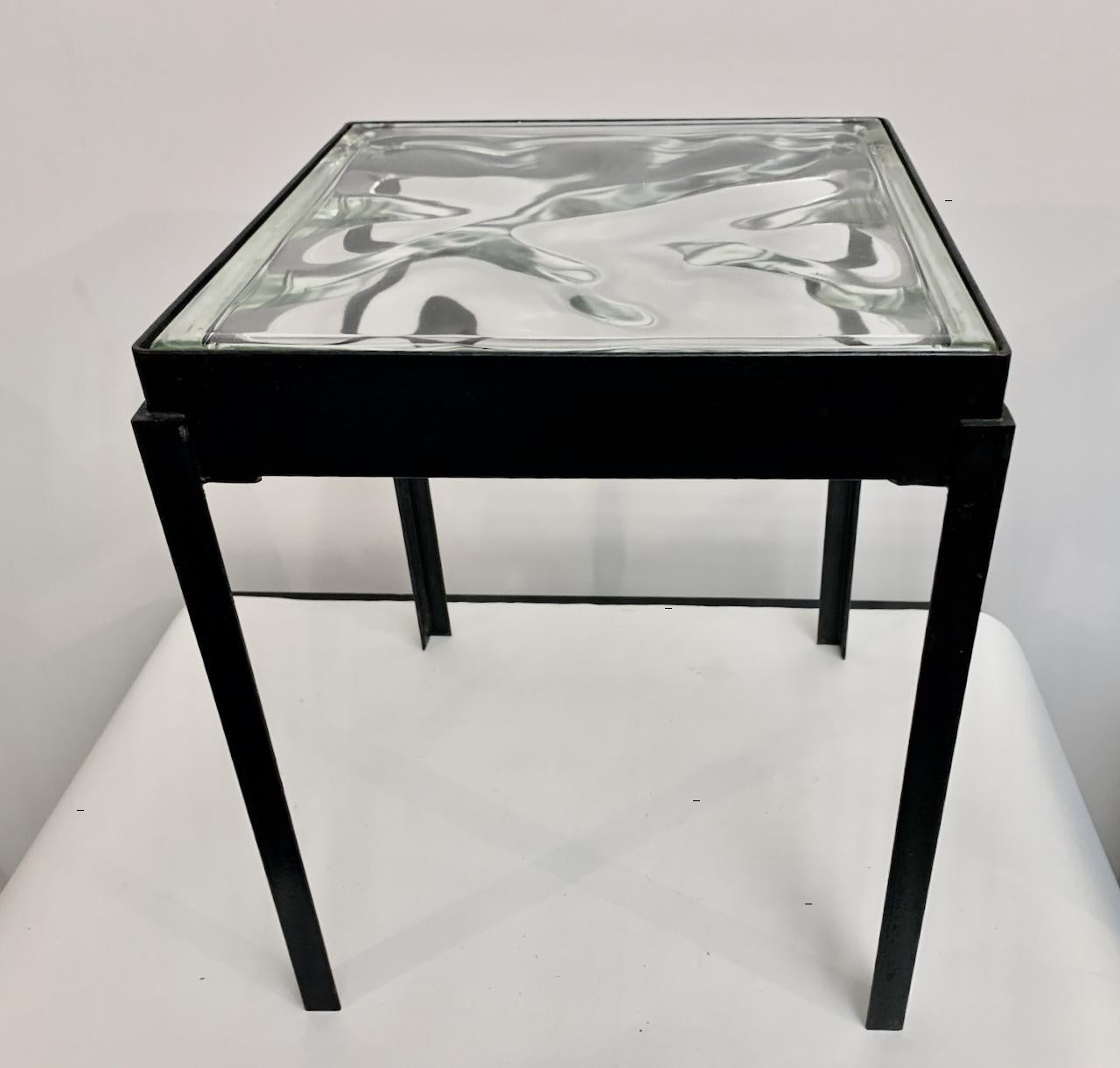 American Pair of Ice Block Glass & Black Iron Occasional Tables, Coffee Tables For Sale