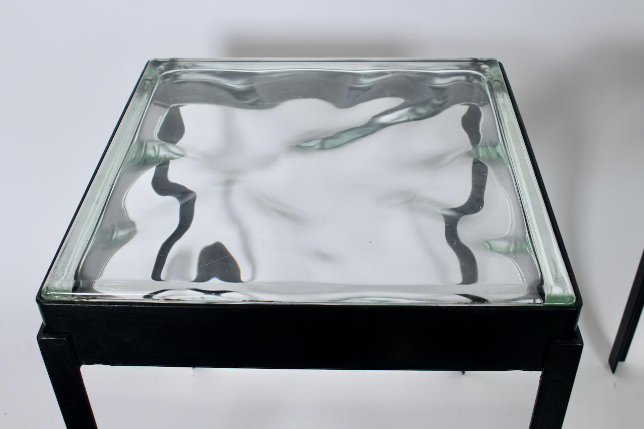 Enameled Pair of Ice Block Glass & Black Iron Occasional Tables, Coffee Tables For Sale