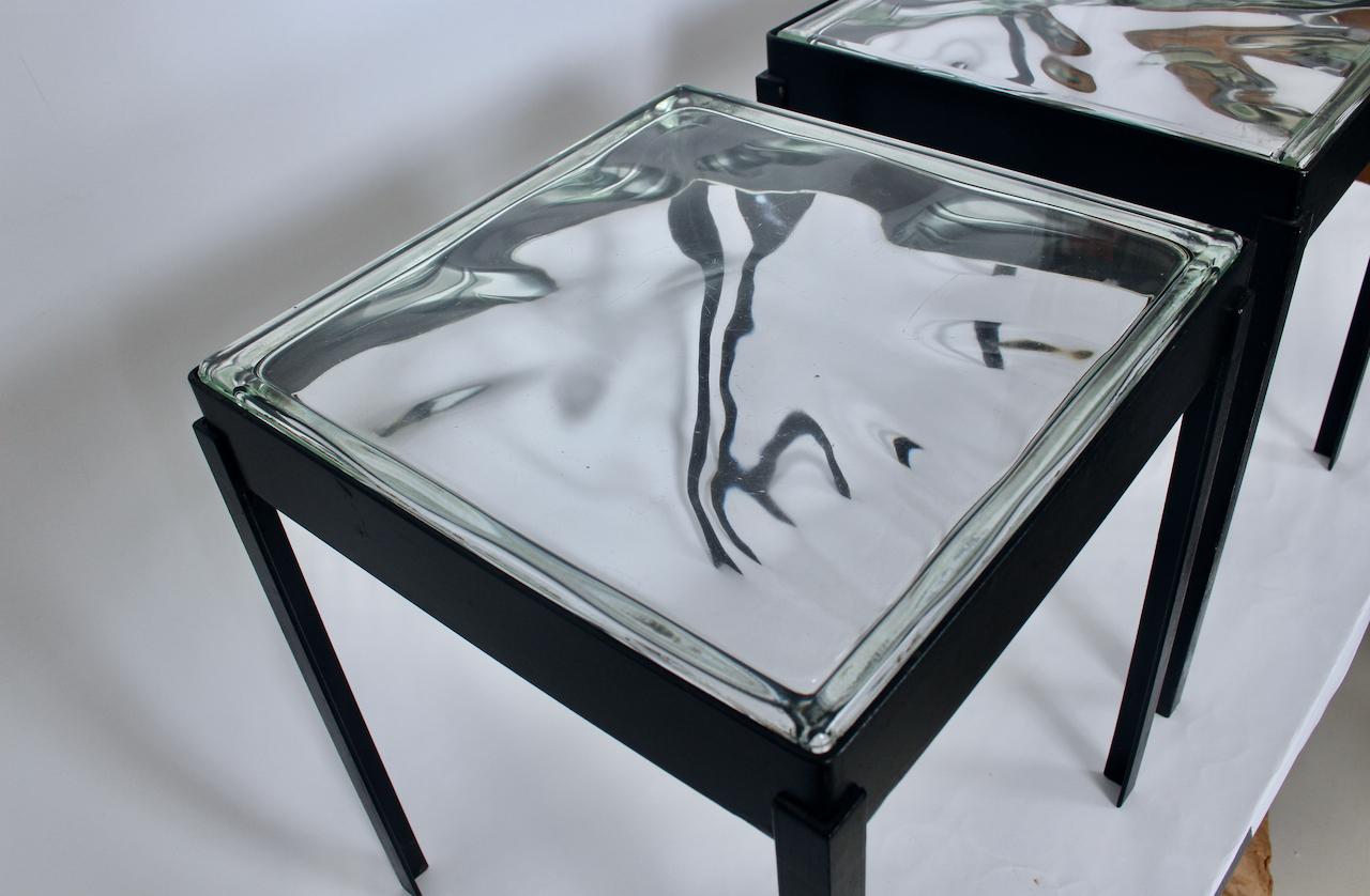 Late 20th Century Pair of Ice Block Glass & Black Iron Occasional Tables, Coffee Tables For Sale