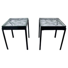 Vintage Pair of Ice Block Glass & Black Iron Occasional Tables, Coffee Tables