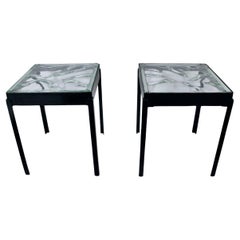 Paar Beistelltische aus Eisblockglas und schwarzem Eisen, Couchtische, ca. 1970