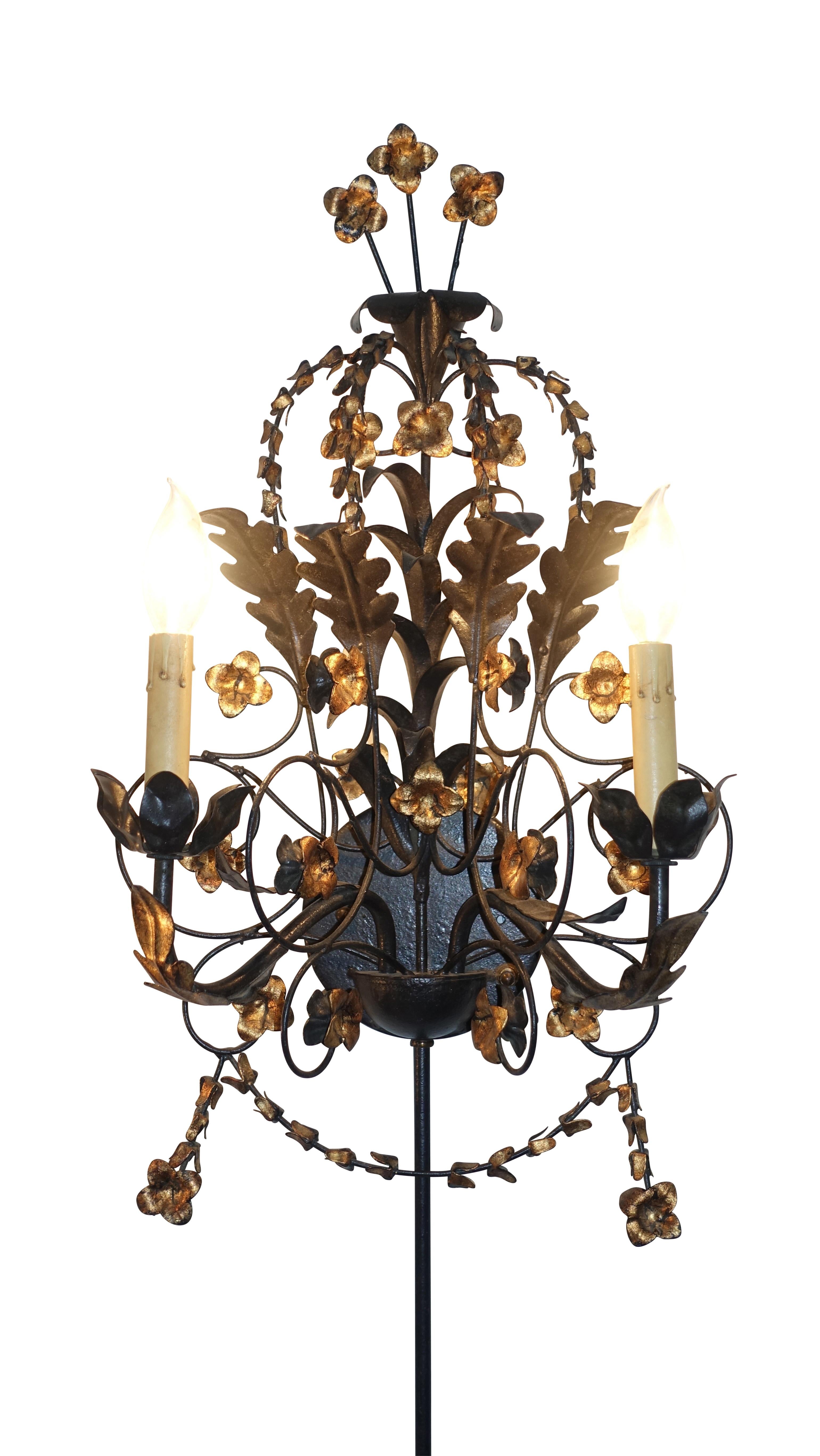 Gilt Pair of Black Iron and Tole Painted Two Light Sconces, American, circa 1950s For Sale