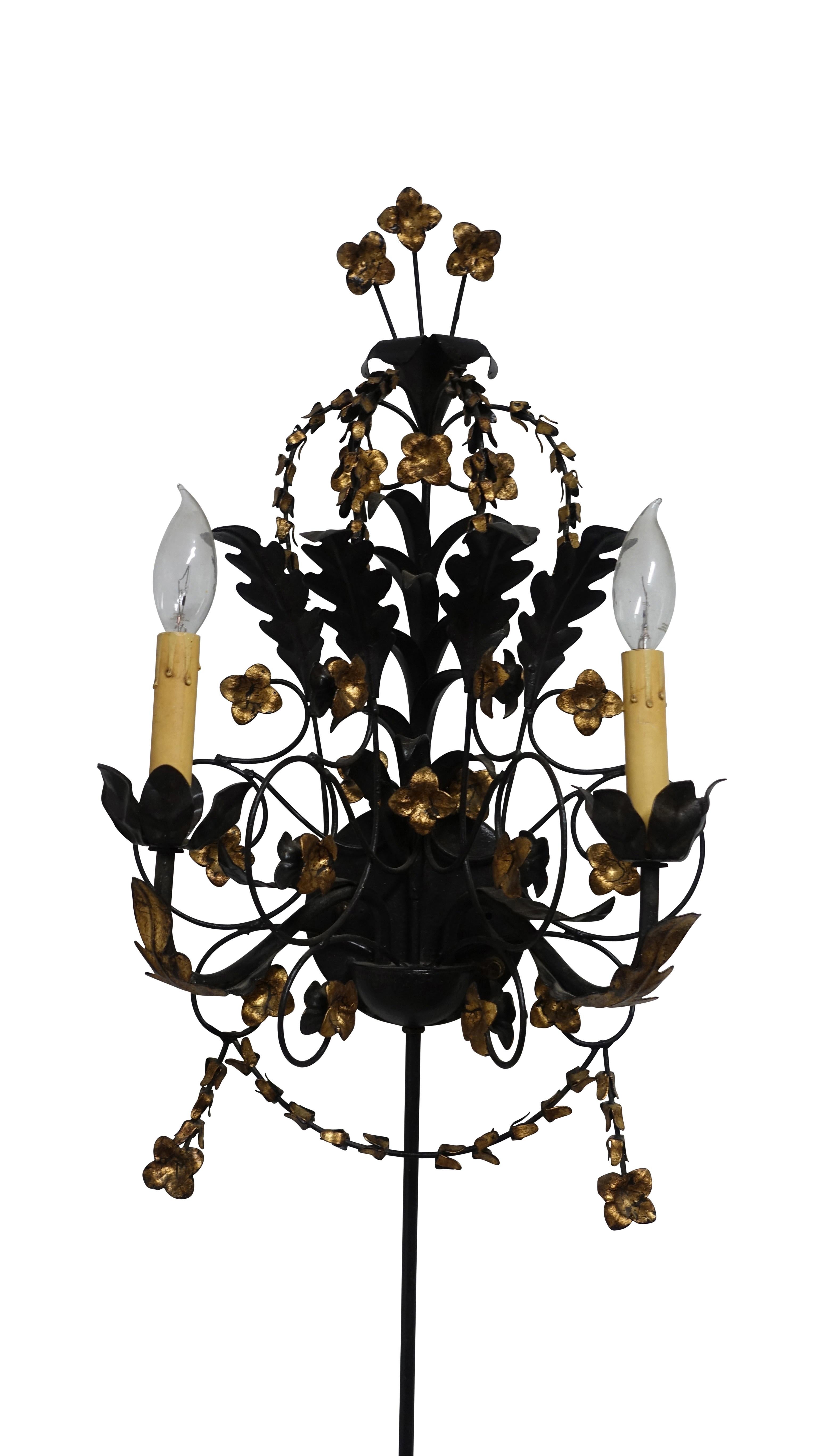 Pair of Black Iron and Tole Painted Two Light Sconces, American, circa 1950s In Excellent Condition For Sale In San Francisco, CA