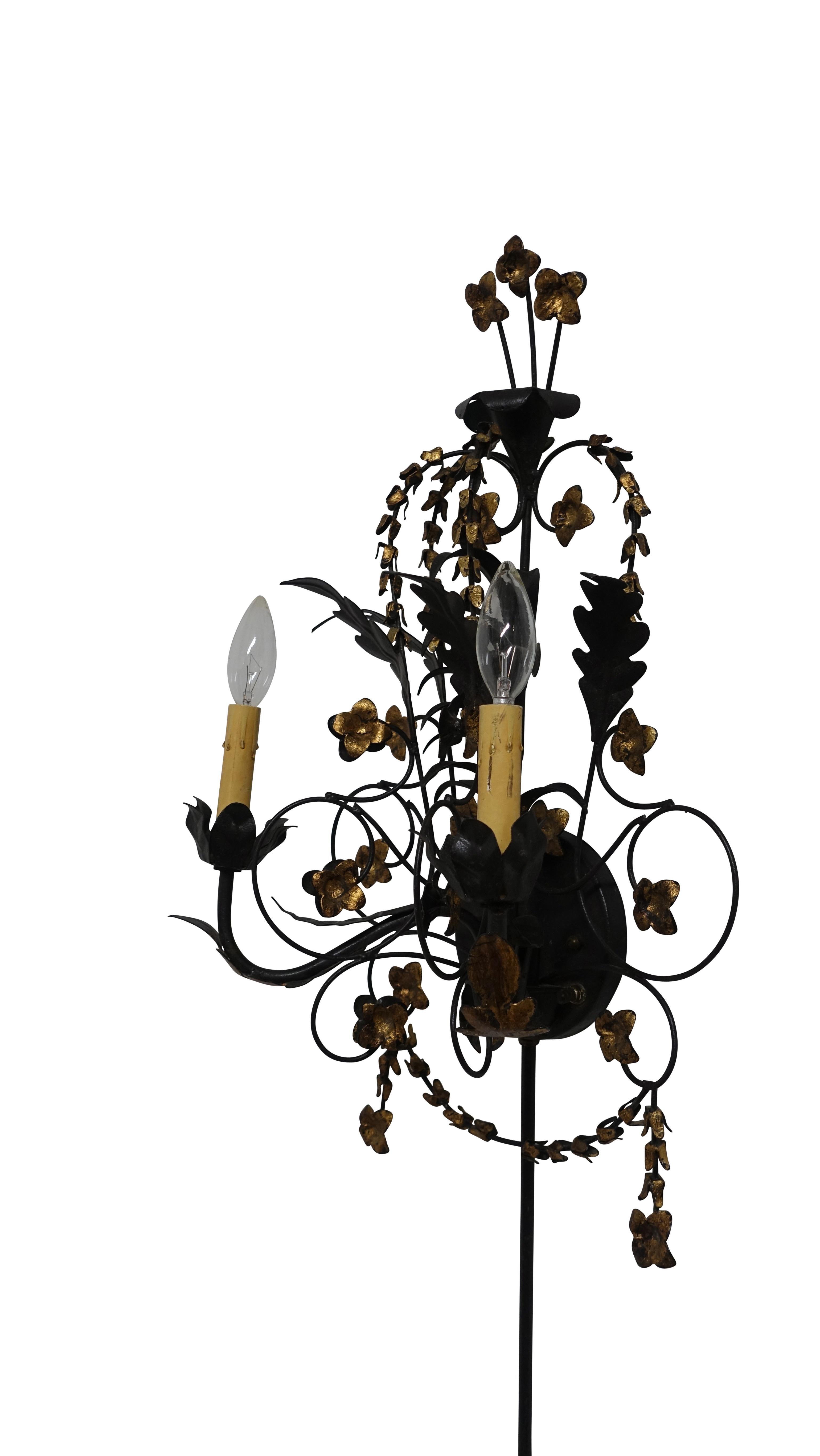 20th Century Pair of Black Iron and Tole Painted Two Light Sconces, American, circa 1950s For Sale