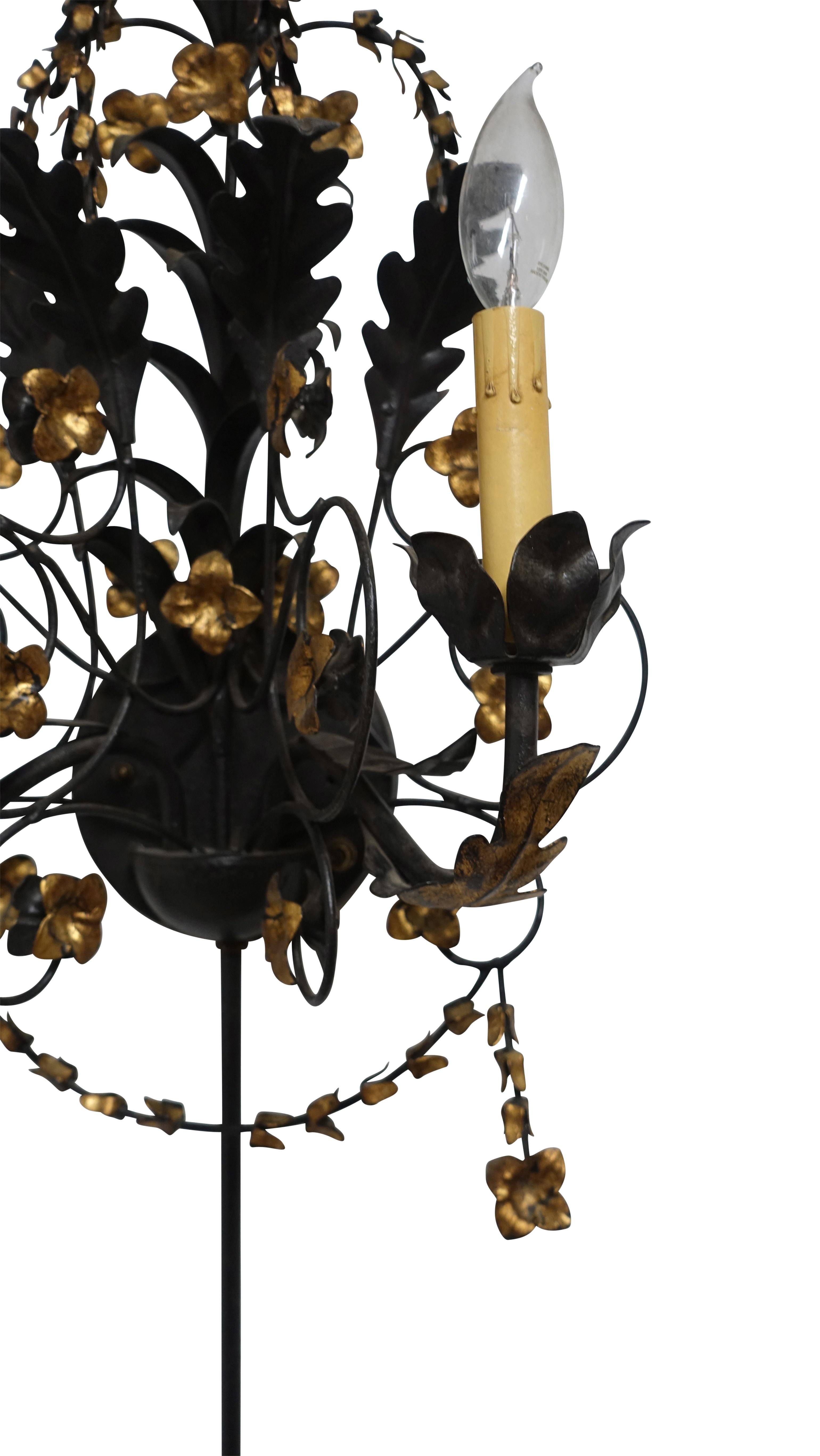 Pair of Black Iron and Tole Painted Two Light Sconces, American, circa 1950s For Sale 1