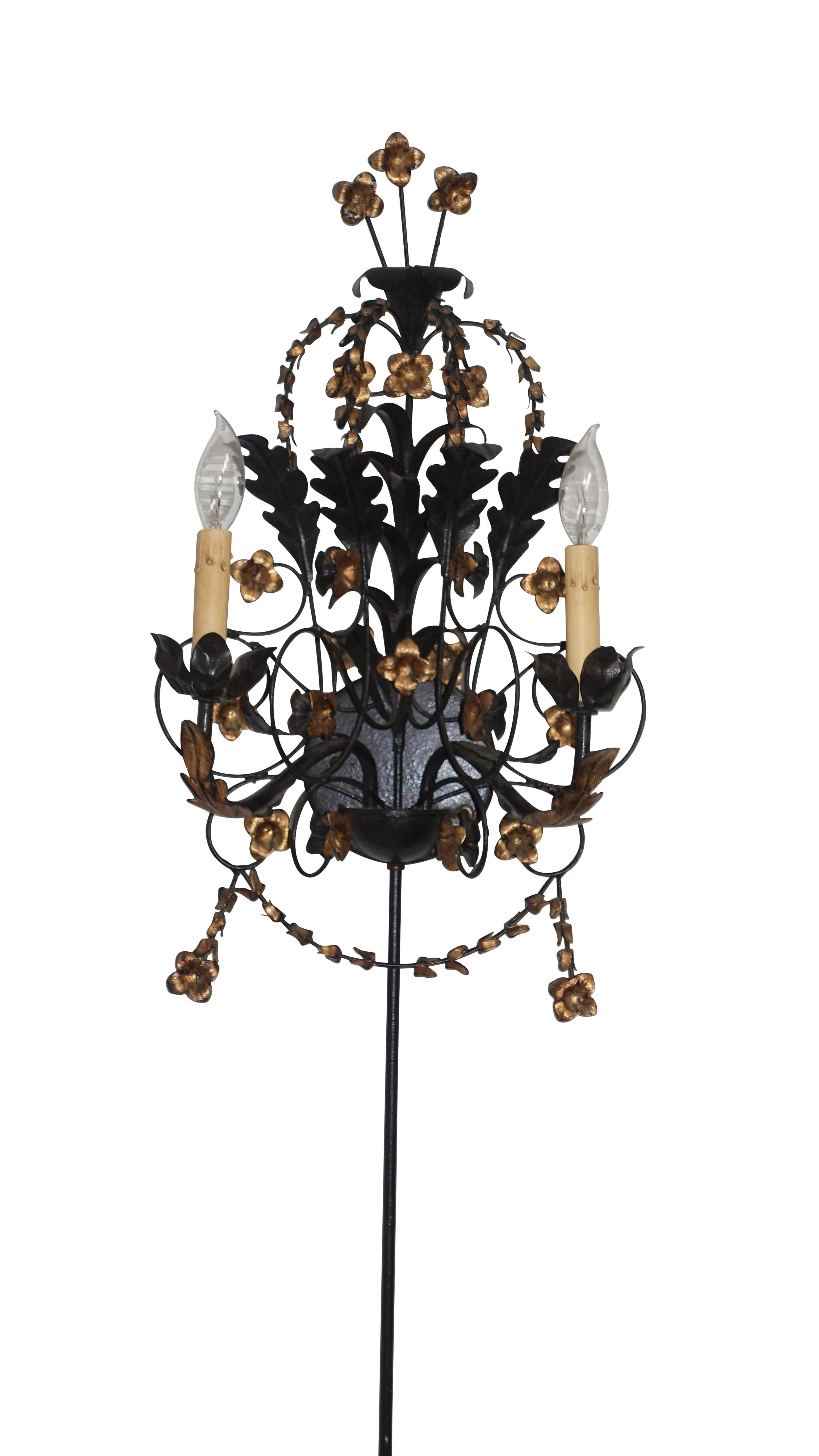 Pair of Black Iron and Tole Painted Two Light Sconces, American, circa 1950s For Sale 2
