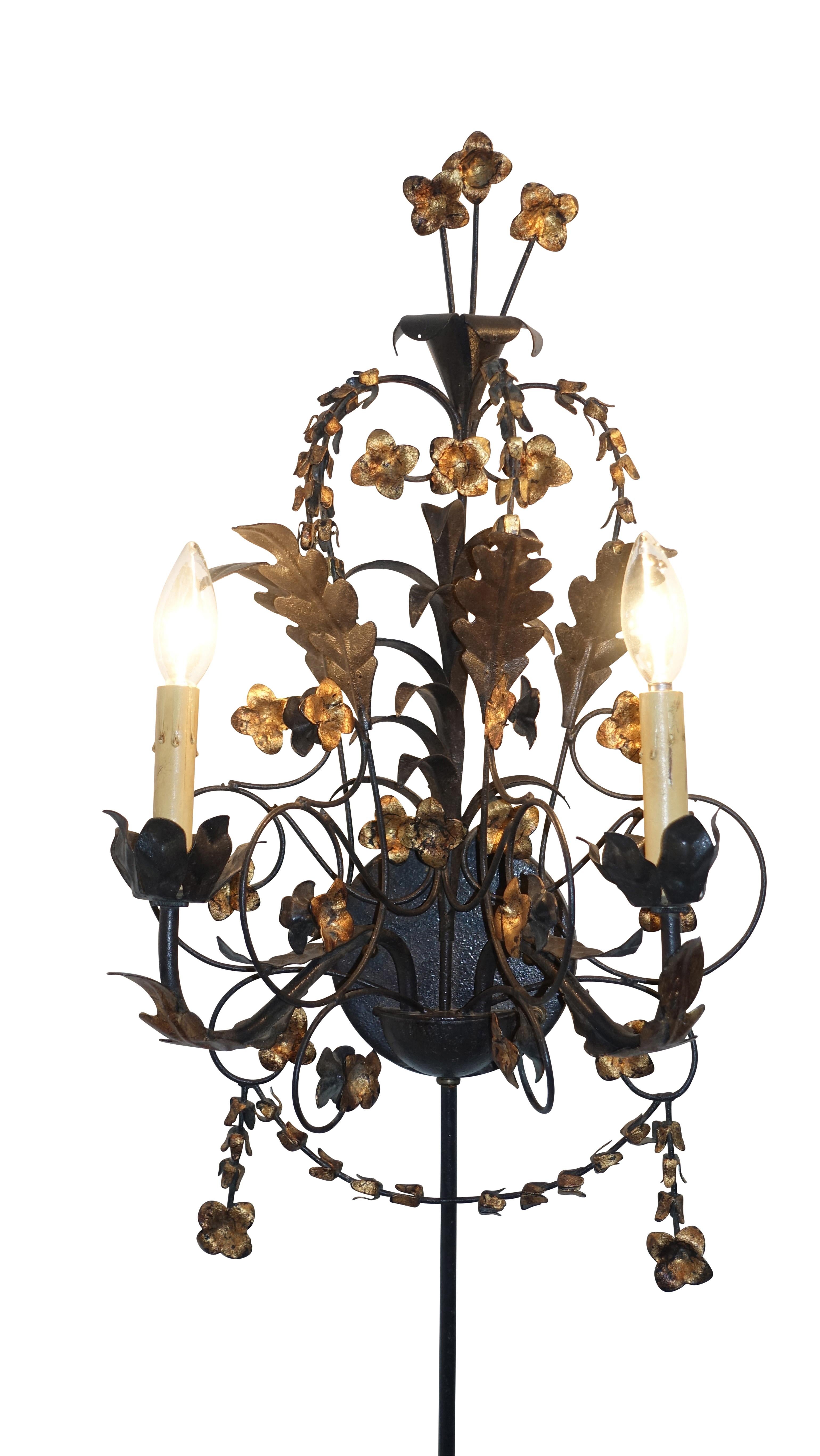 Pair of Black Iron and Tole Painted Two Light Sconces, American, circa 1950s For Sale 3