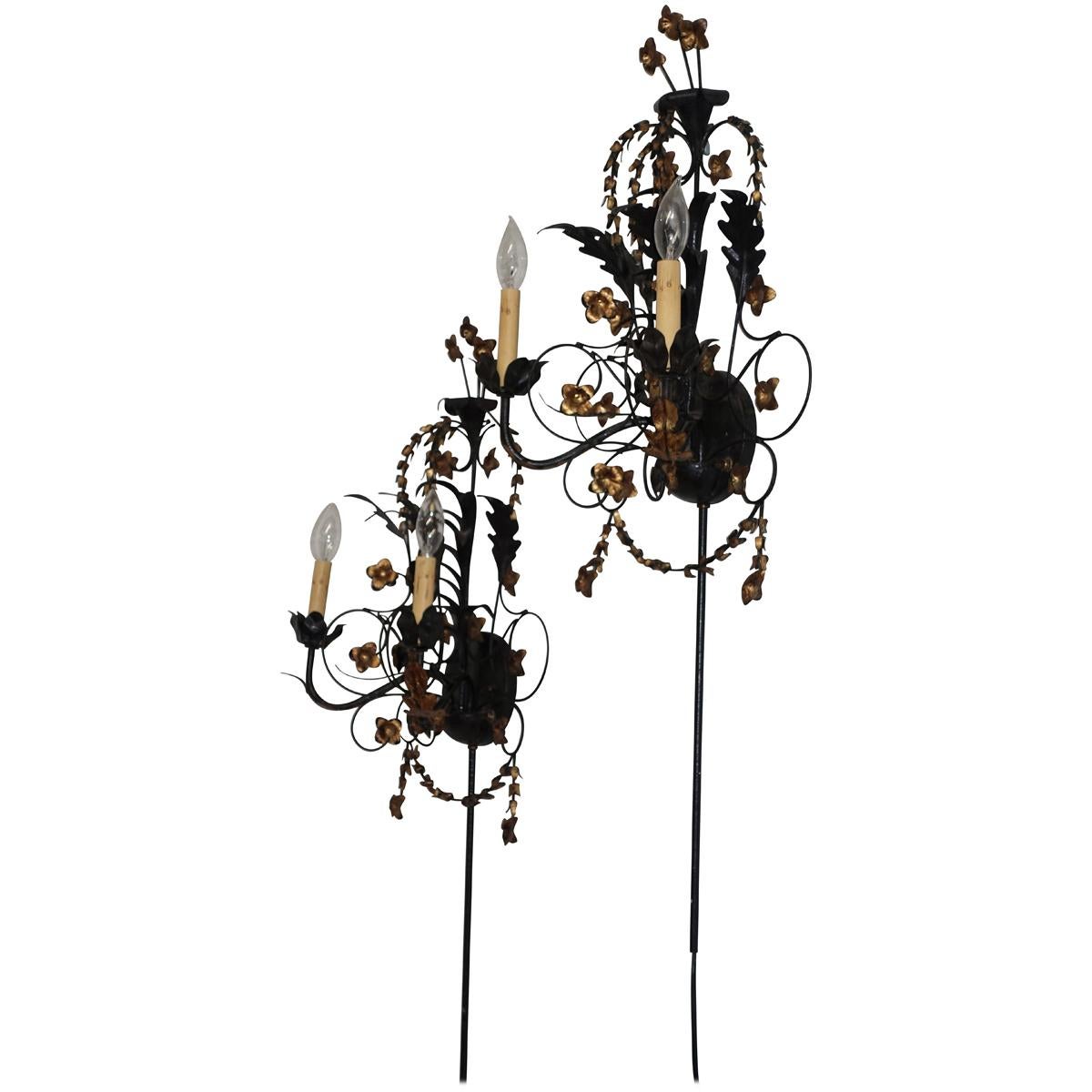 Pair of Black Iron and Tole Painted Two Light Sconces, American, circa 1950s For Sale