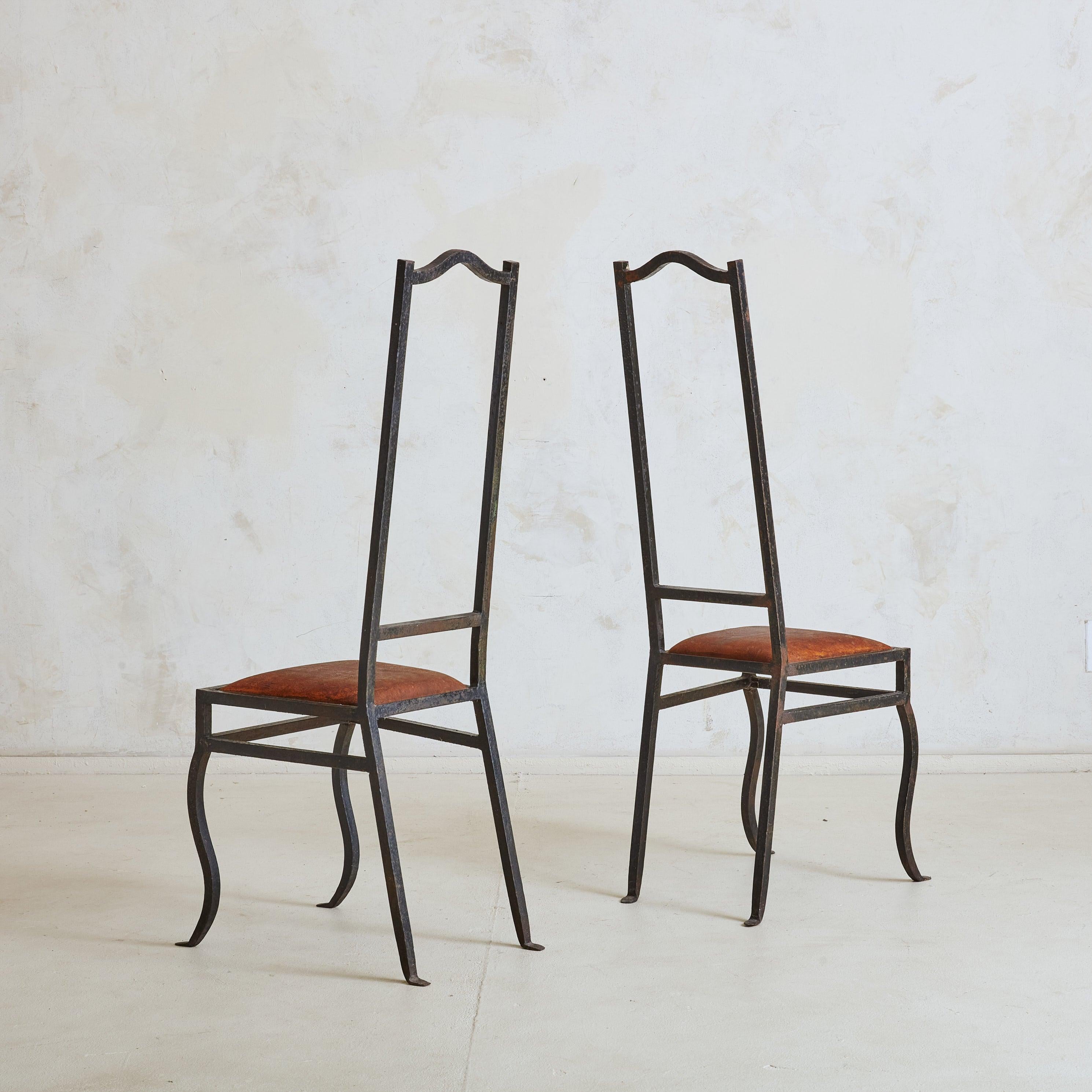 Modern Pair of Black Iron + Cognac Leather High Back Chairs, France 1980s For Sale