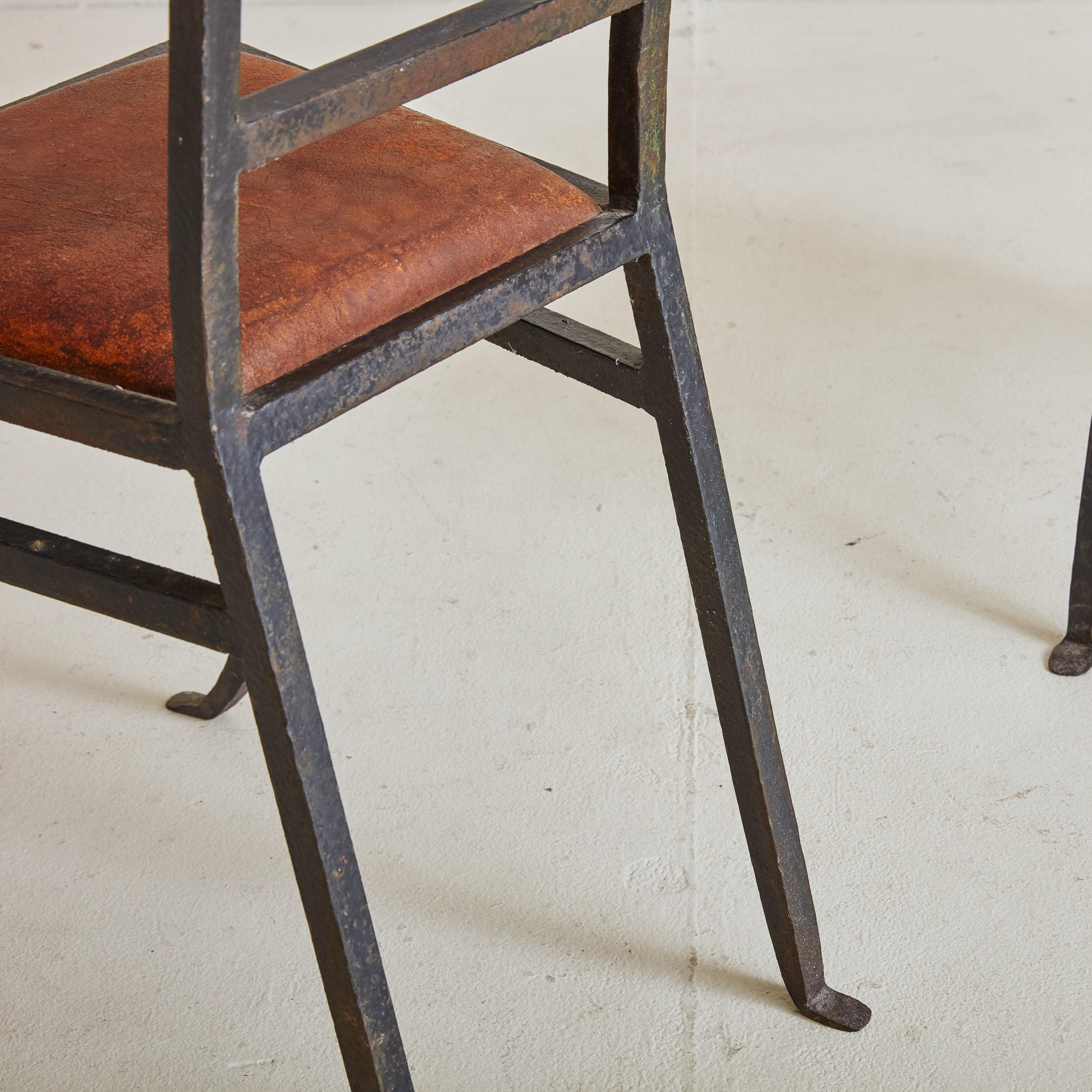 Pair of Black Iron + Cognac Leather High Back Chairs, France 1980s In Good Condition For Sale In Chicago, IL