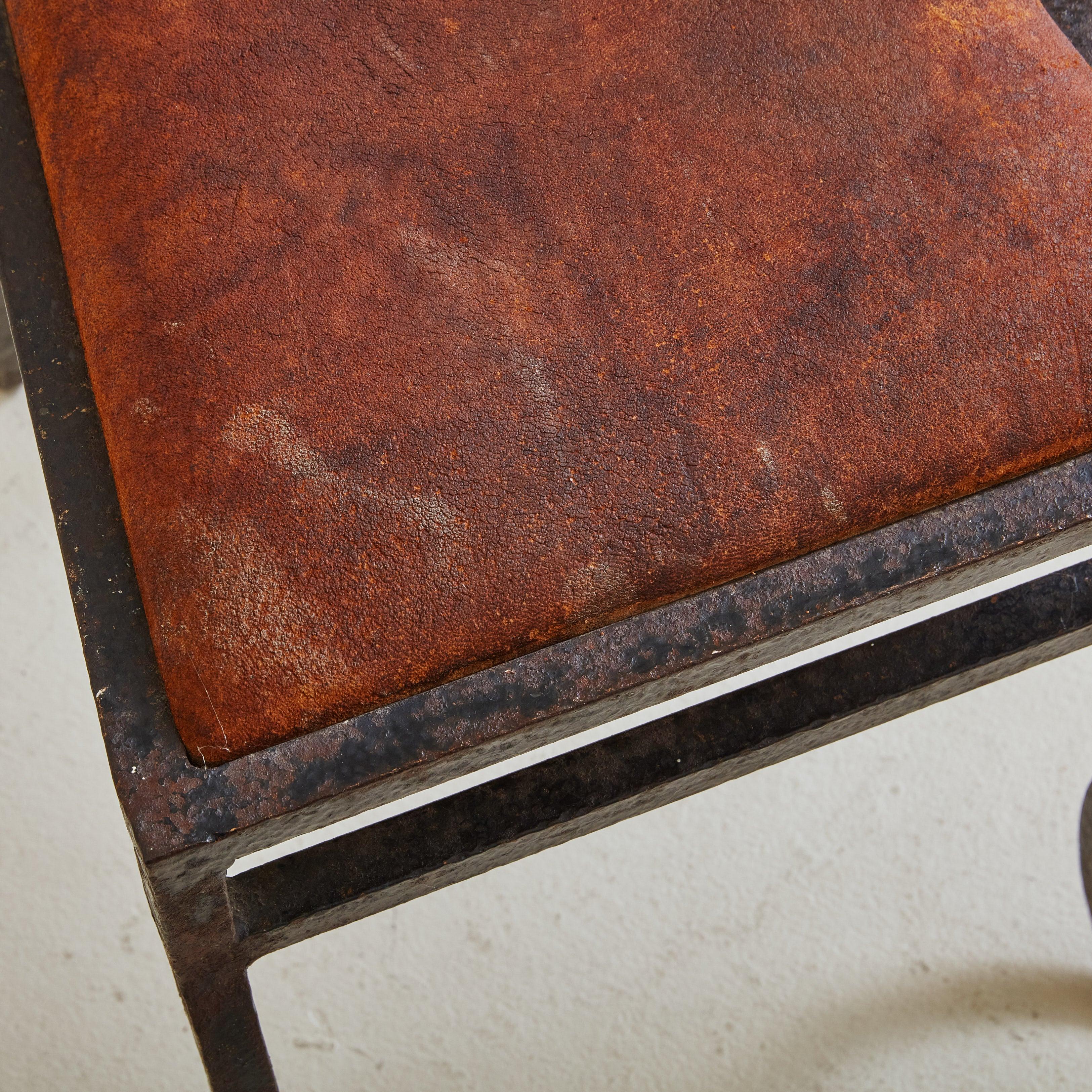 Late 20th Century Pair of Black Iron + Cognac Leather High Back Chairs, France 1980s For Sale