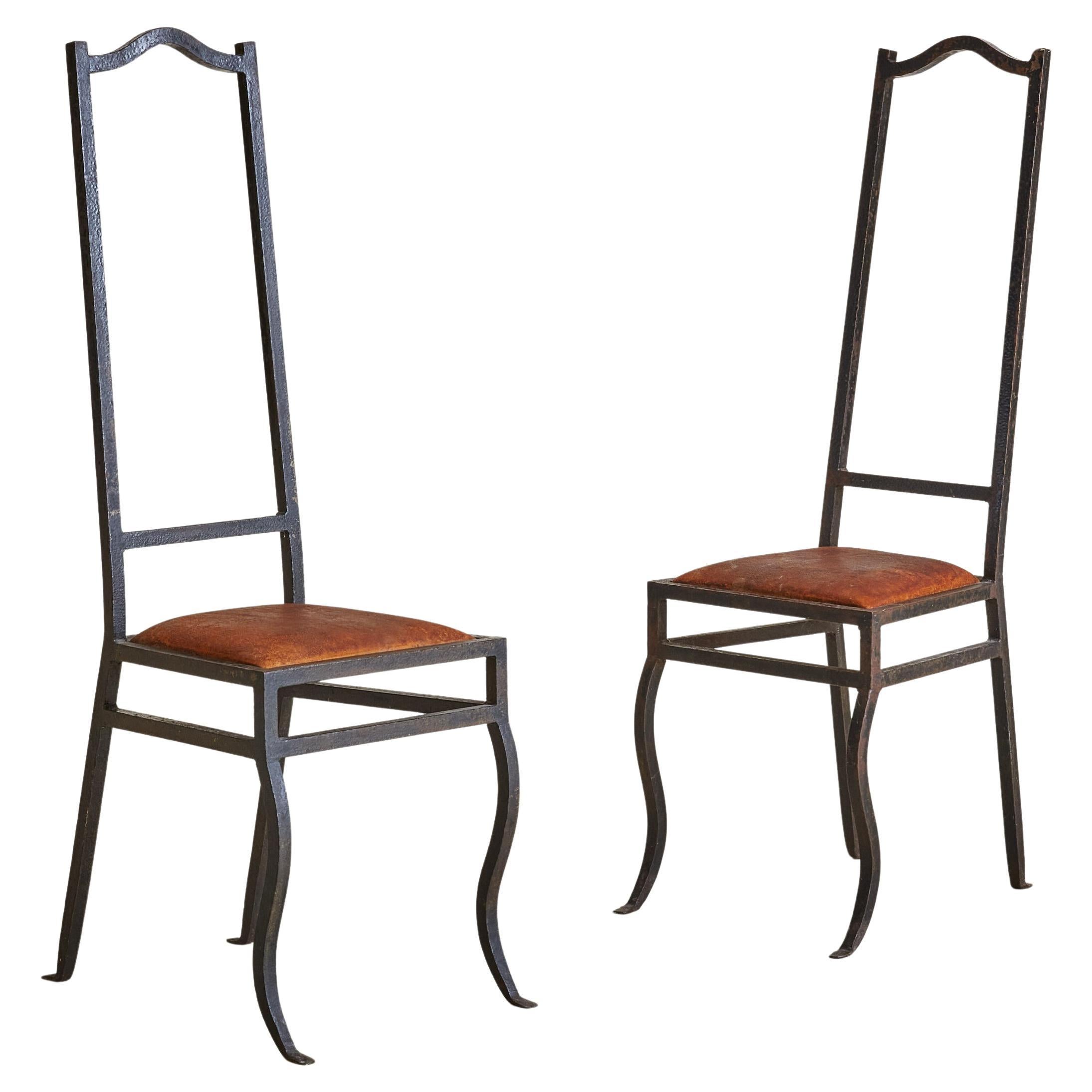 Pair of Black Iron + Cognac Leather High Back Chairs, France 1980s For Sale