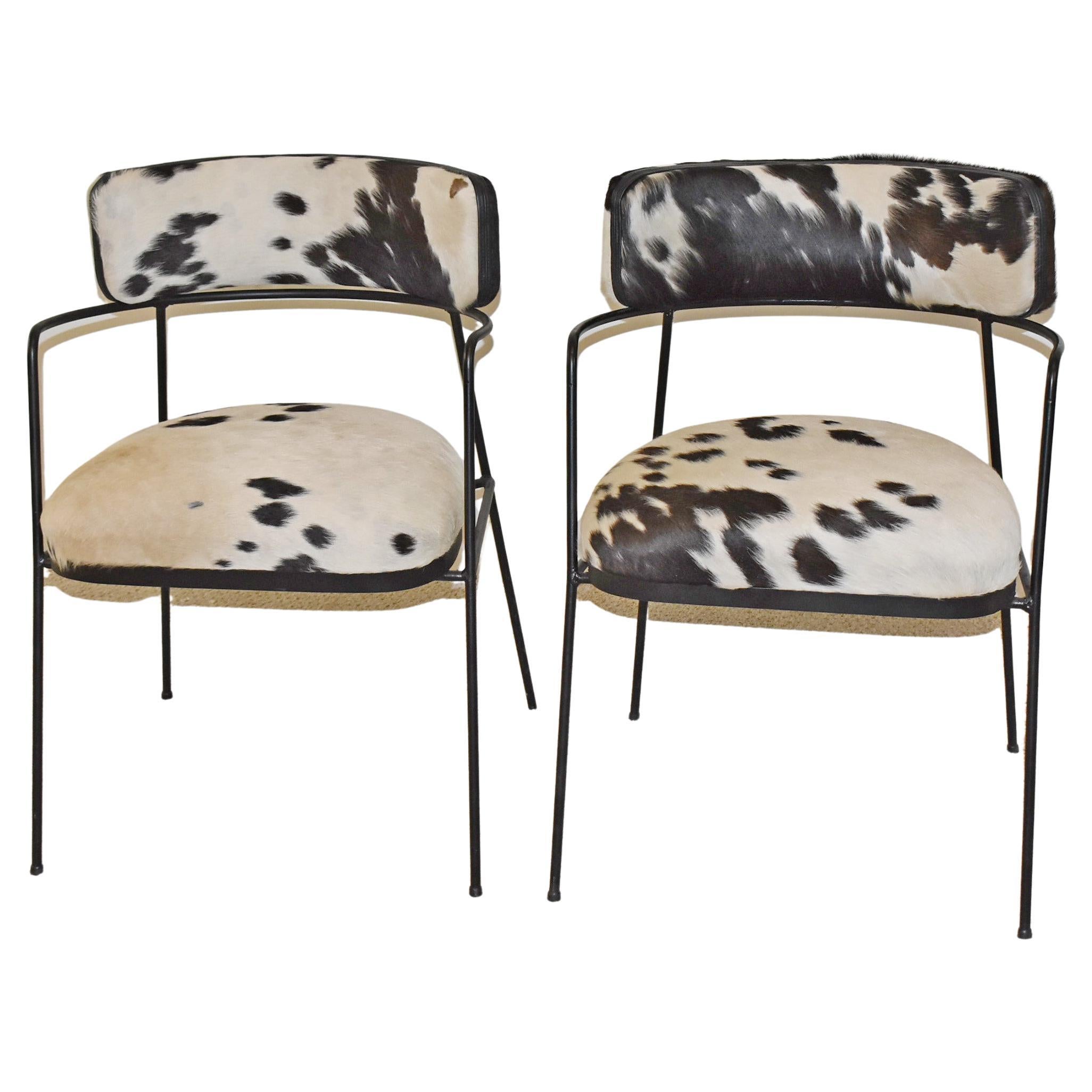Pair of Black Iron Cowhide Occasional Chairs For Sale