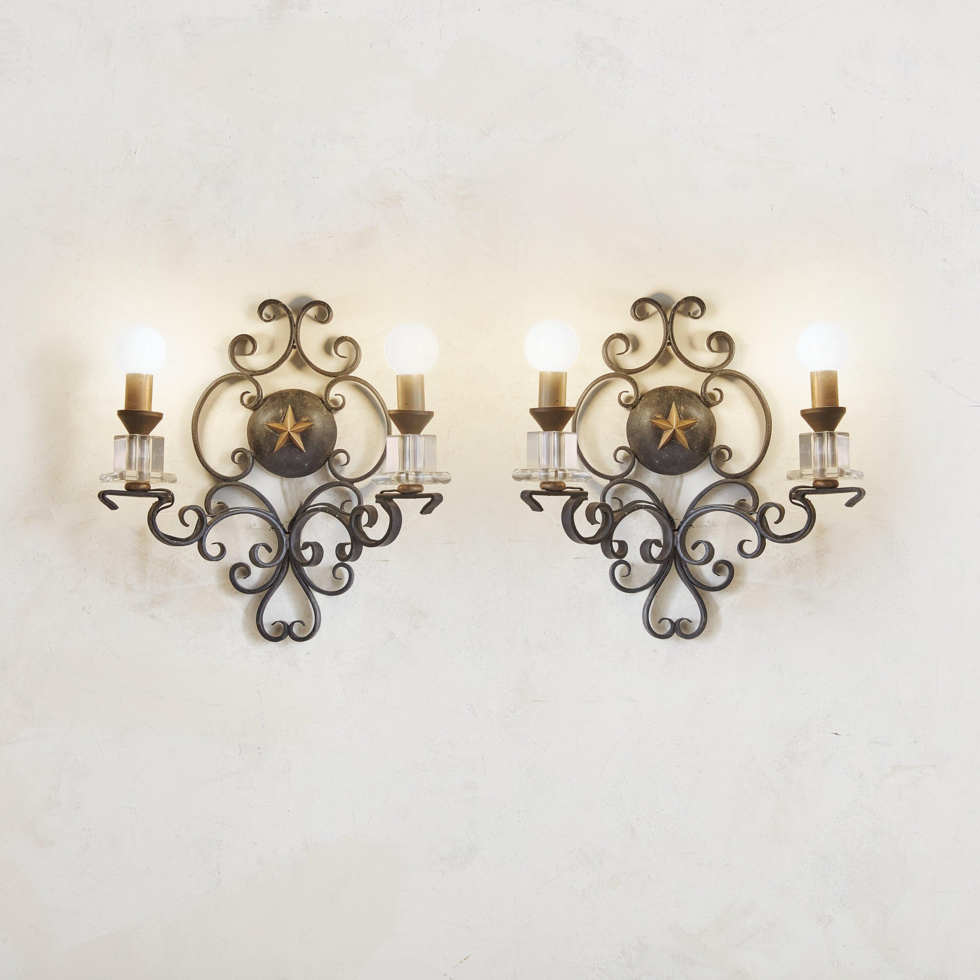 Art Nouveau Black Iron + Glass Wall Sconce, France 1950s - 2 Available For Sale