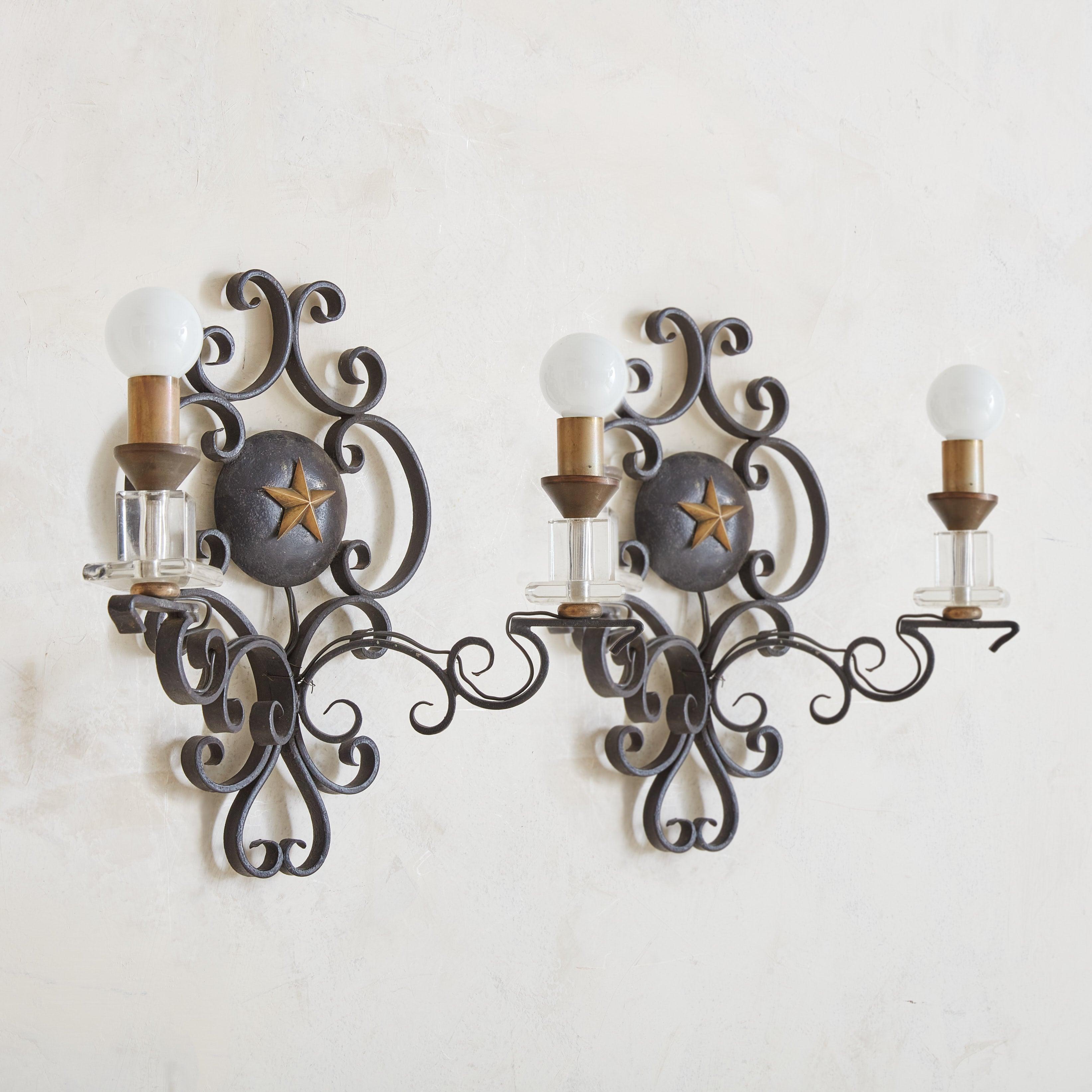 French Black Iron + Glass Wall Sconce, France 1950s - 2 Available For Sale