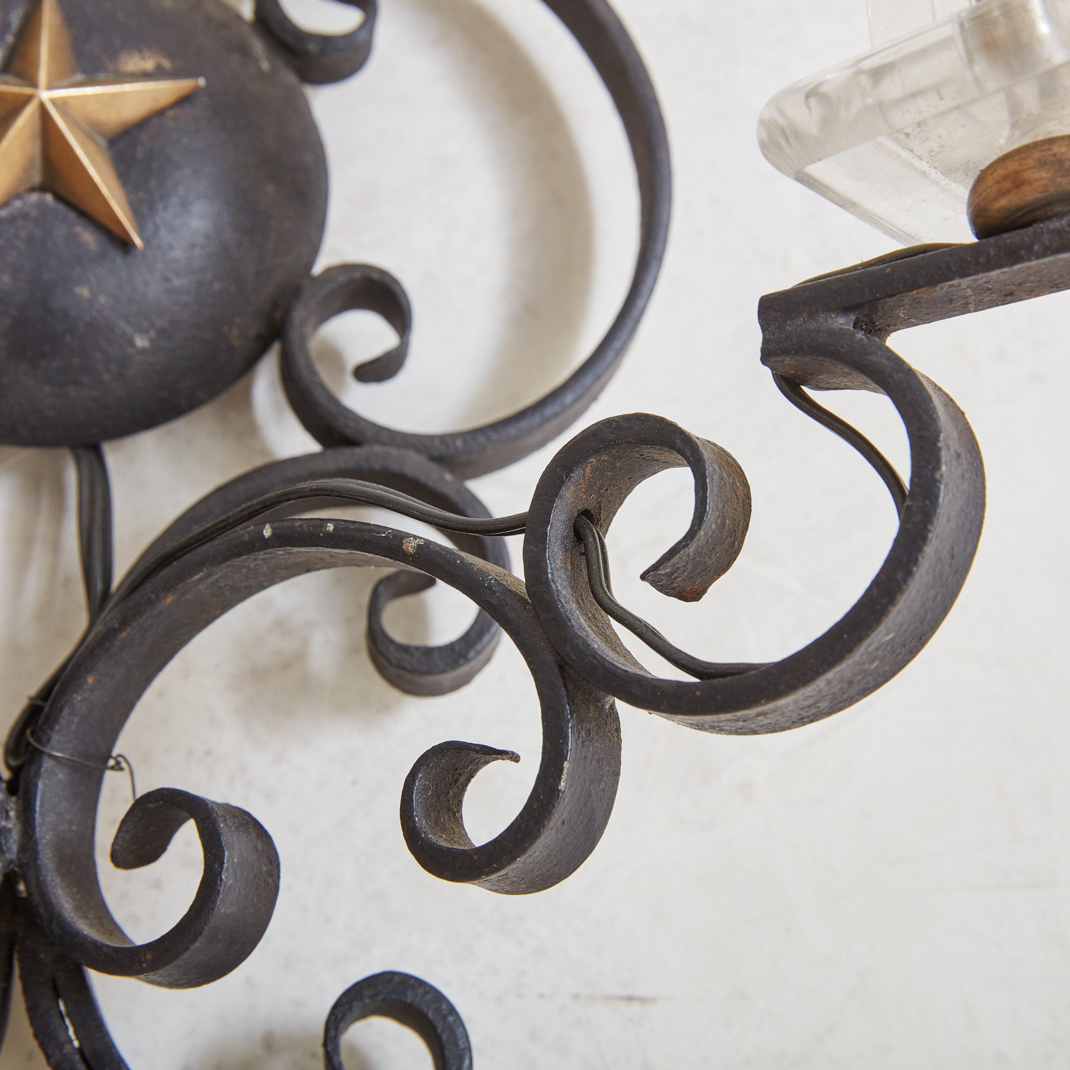 Mid-20th Century Black Iron + Glass Wall Sconce, France 1950s - 2 Available For Sale