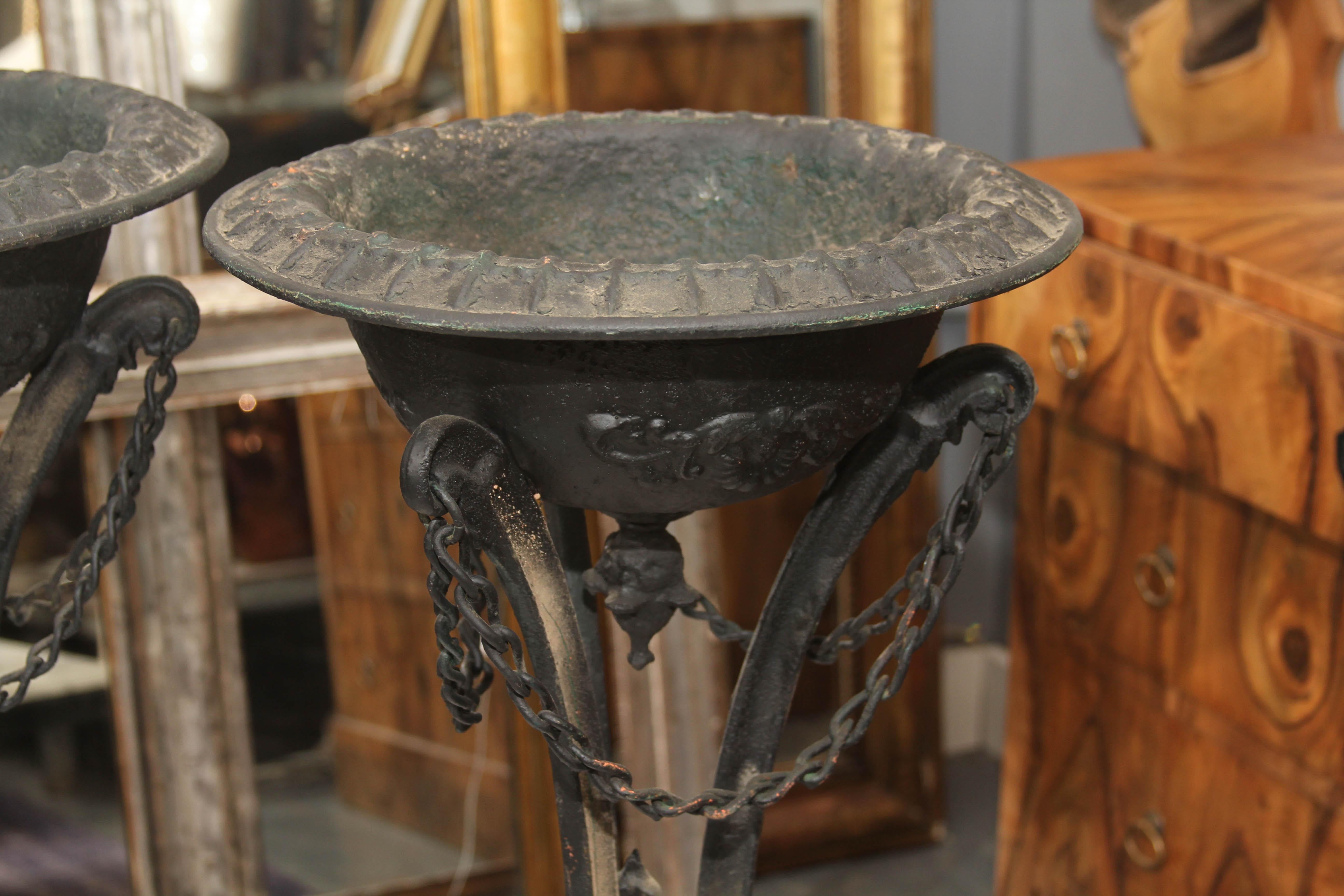Pair of Black Iron Standing Urns or Planters In Good Condition In Seattle, WA