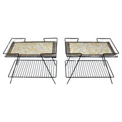 Pair of Black Iron & Wire Tables with Taupe Yellow & White Terrazzo Tile Tables