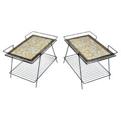 Vintage Pair of Black Iron & Wire Tables with Taupe Yellow & White Terrazzo Tile Tables