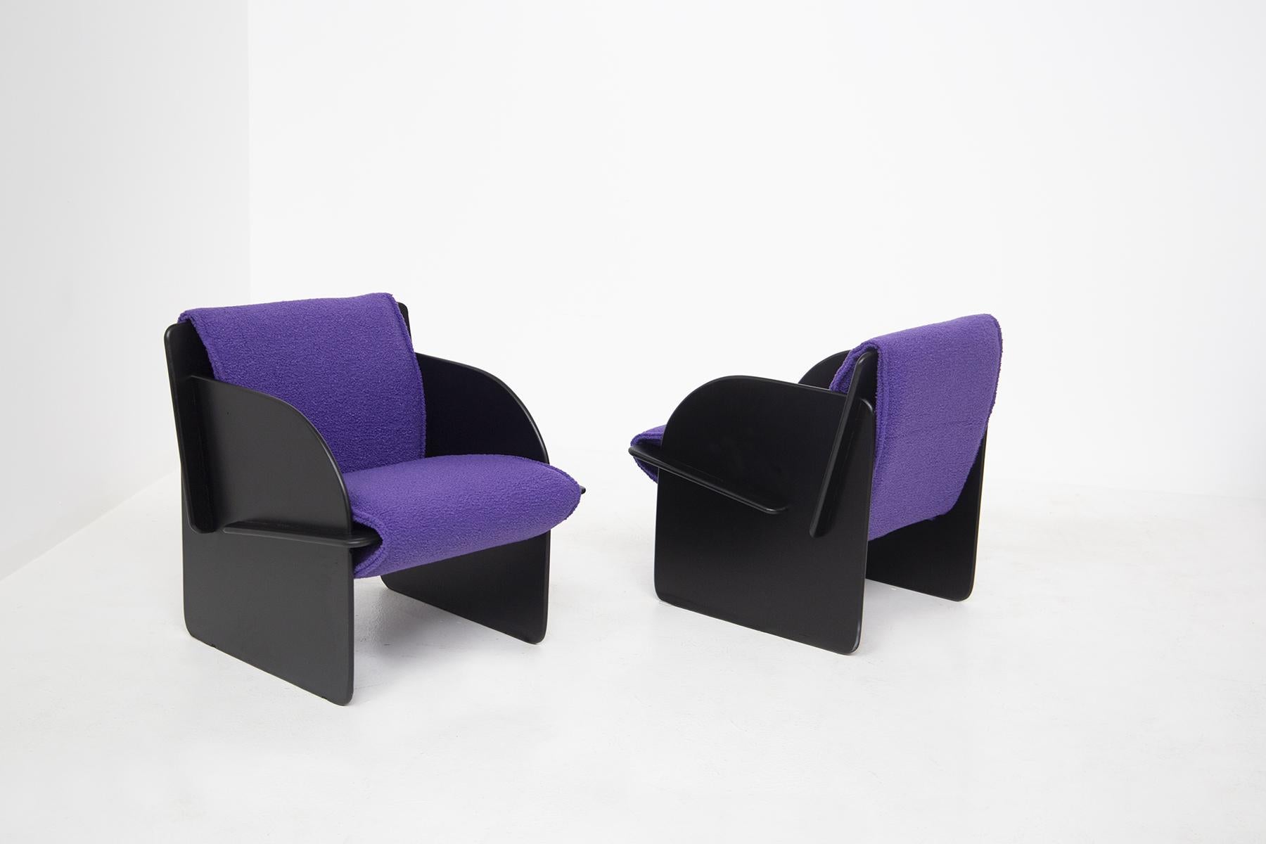 Mid-Century Modern Pair of Black Italian Armchairs with Purple Bouclè