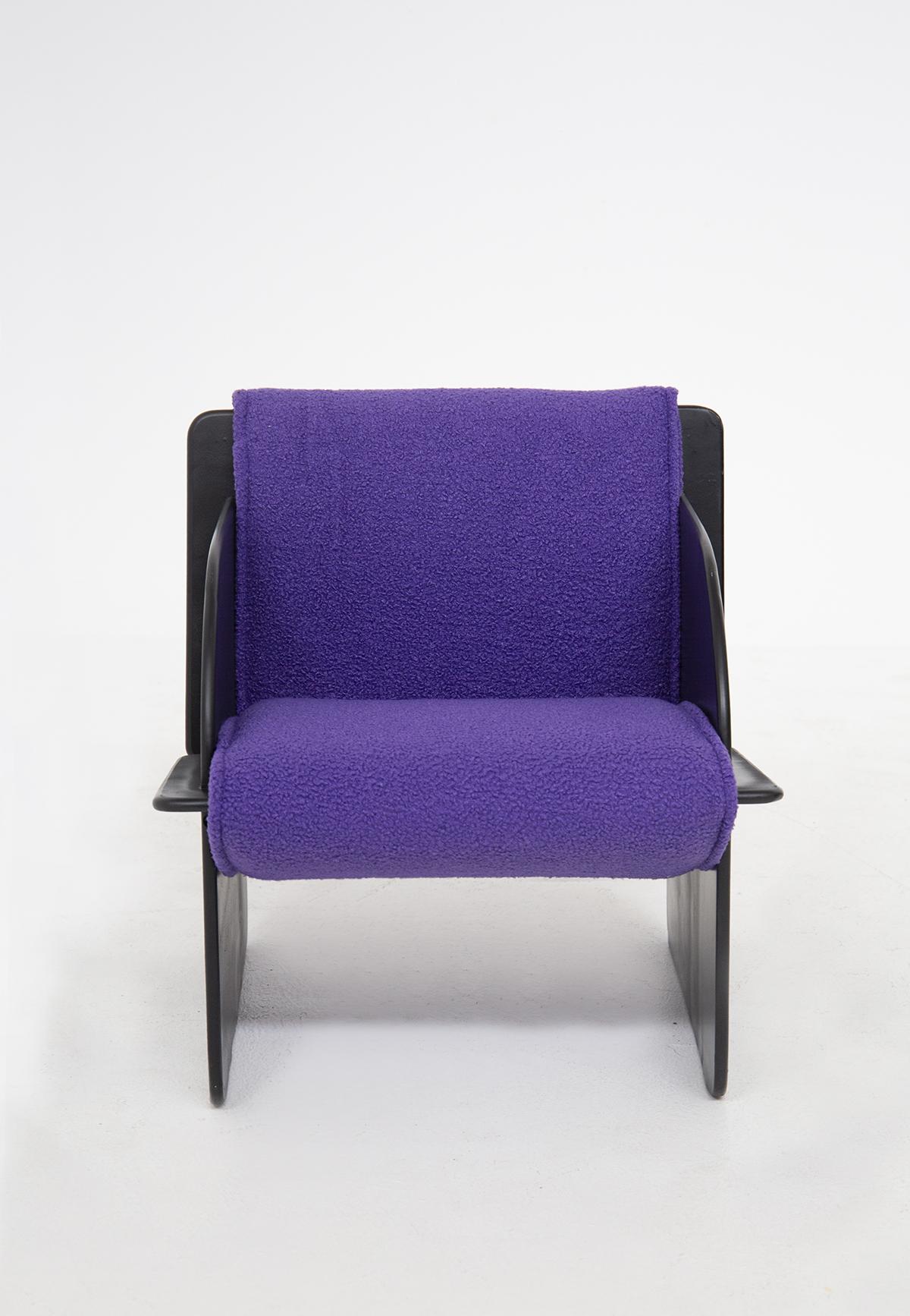 Pair of Black Italian Armchairs with Purple Bouclè 3