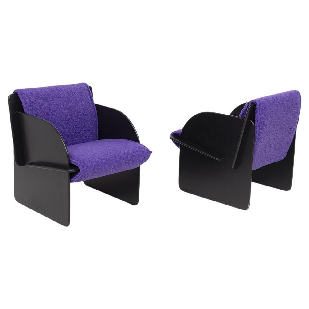 Pair of Black Italian Armchairs with Purple Bouclè