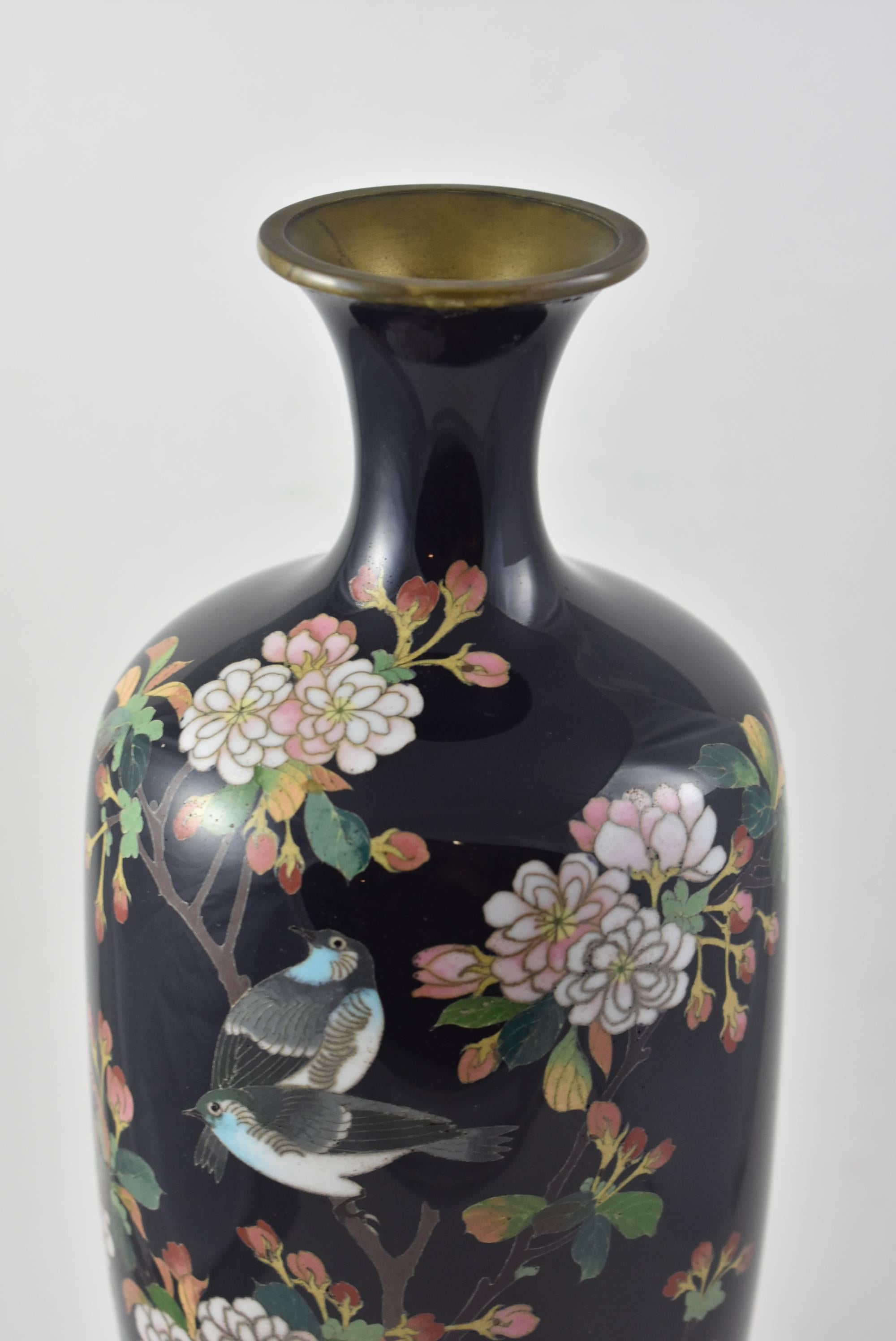 Pair of Black Japanese Cloisonne Vases with Blue Birds, Cherry Blossoms and Iris In Good Condition In Toledo, OH