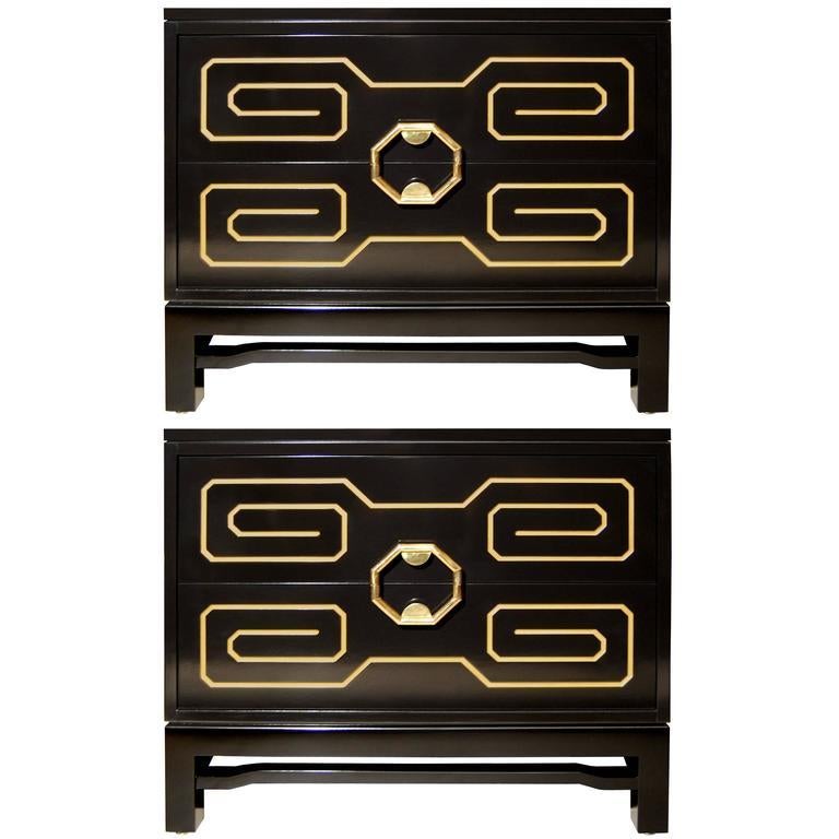 American Pair of Black Lacquer and Brass Side Tables For Sale