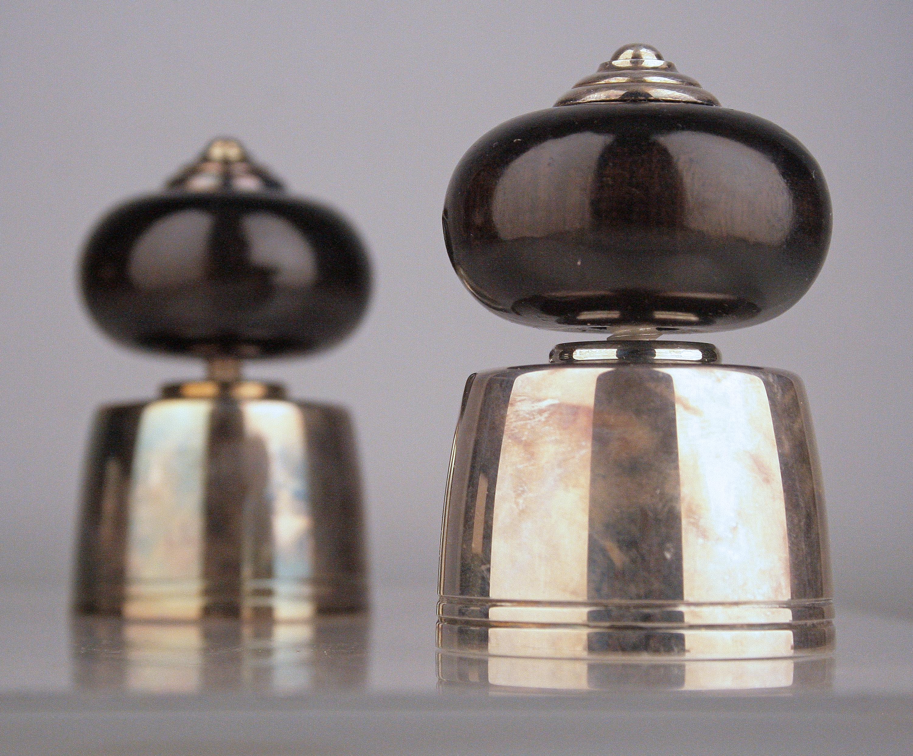 Pair of Black Lacquer and Silver Champagne Corks/Bottle Stoppers by Christofle For Sale 1