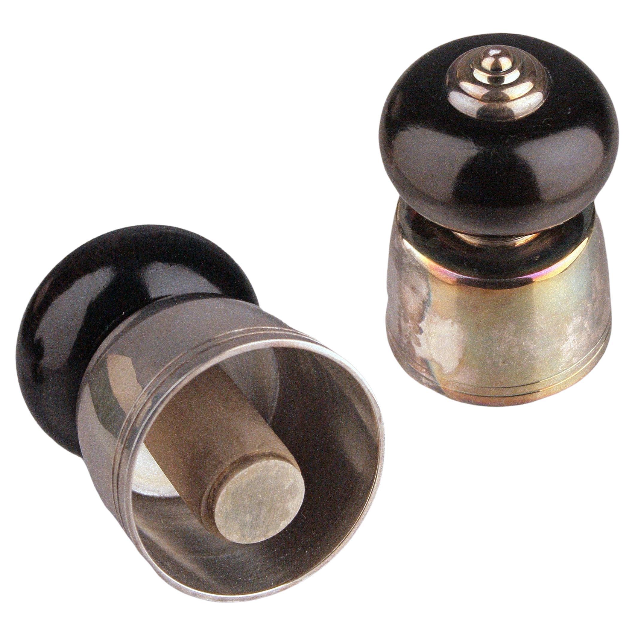 Pair of Black Lacquer and Silver Champagne Corks/Bottle Stoppers by Christofle For Sale