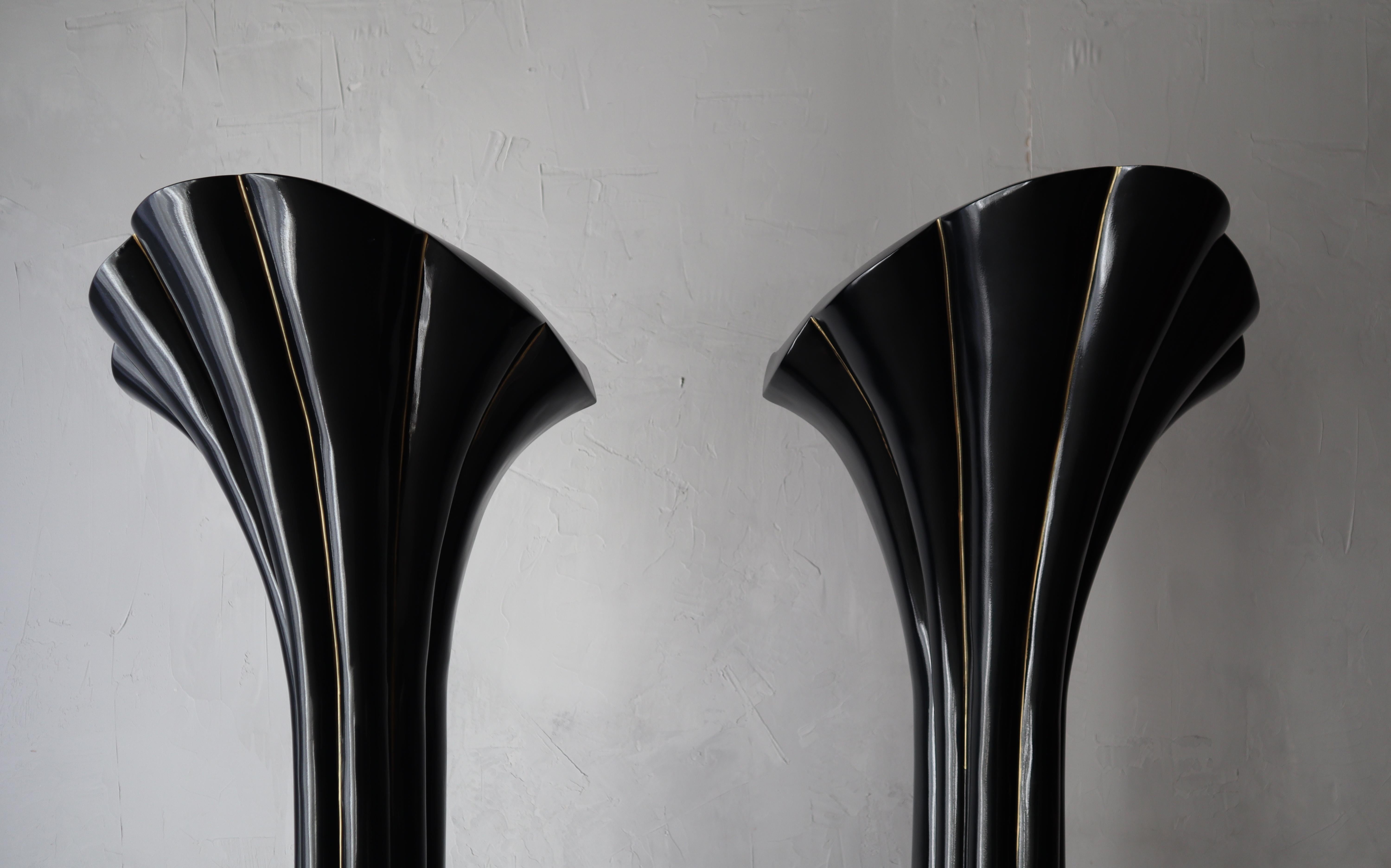 Resin Pair of Black Lacquer Art Deco Floor Lamps